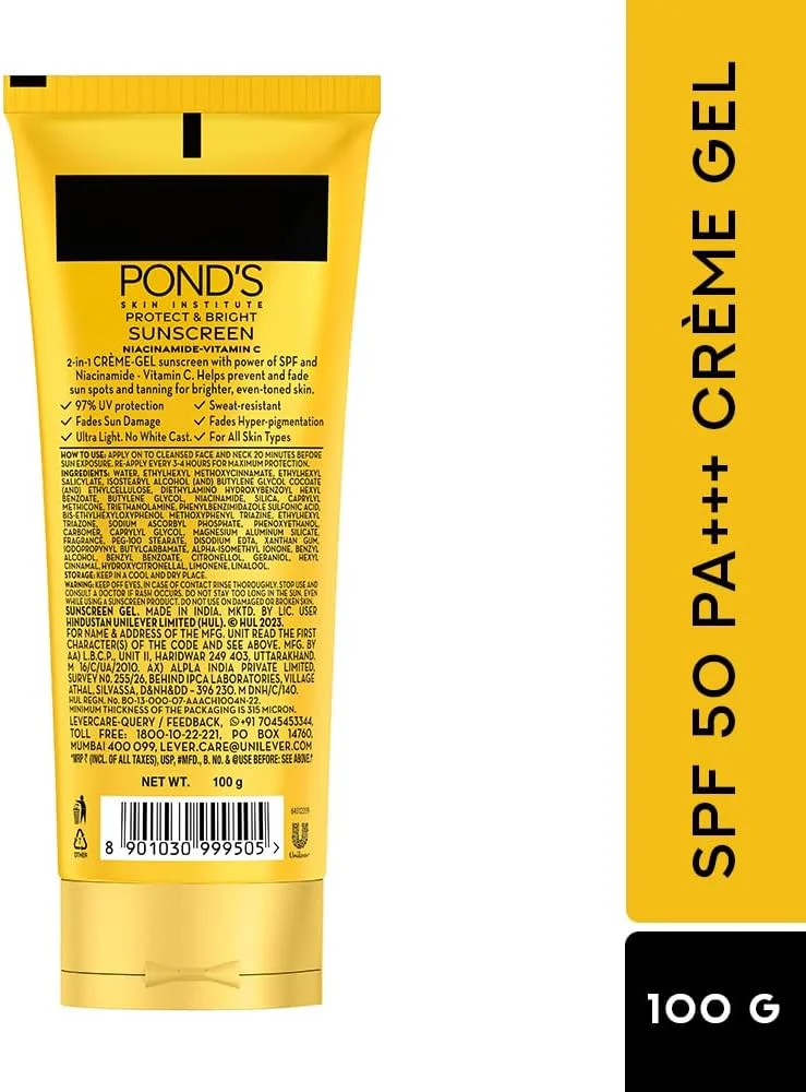 کرم ضد آفتاب تقویت کننده سرم POND'S مناسب برای انواع پوست، جلوگیری و محو کننده لکه های تیره با قدرت SPF 50 و سرم نیاسینامید-C، 50 گرم، بسته 1 عددی