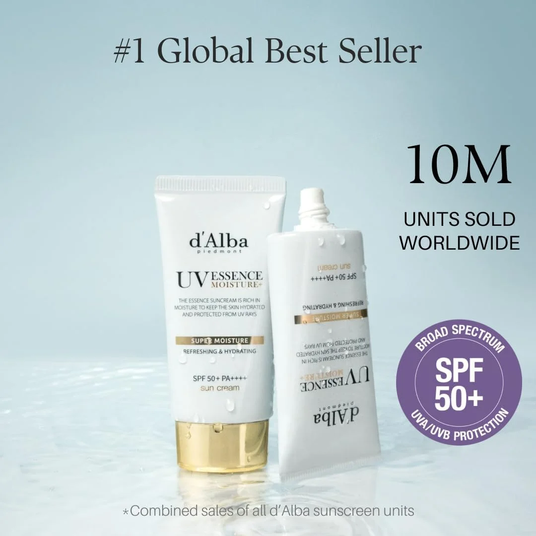 ضد آفتاب آبرسان و تسکین دهنده d'Alba Super Moisture Essence با SPF50+ PA++++، آبرسانی 100 ساعته، حاوی 50% آب برگ سنتلا آسیاتیکا، محافظت در برابر UVA و UVB، فرمول وگان 50 میلی لیتر