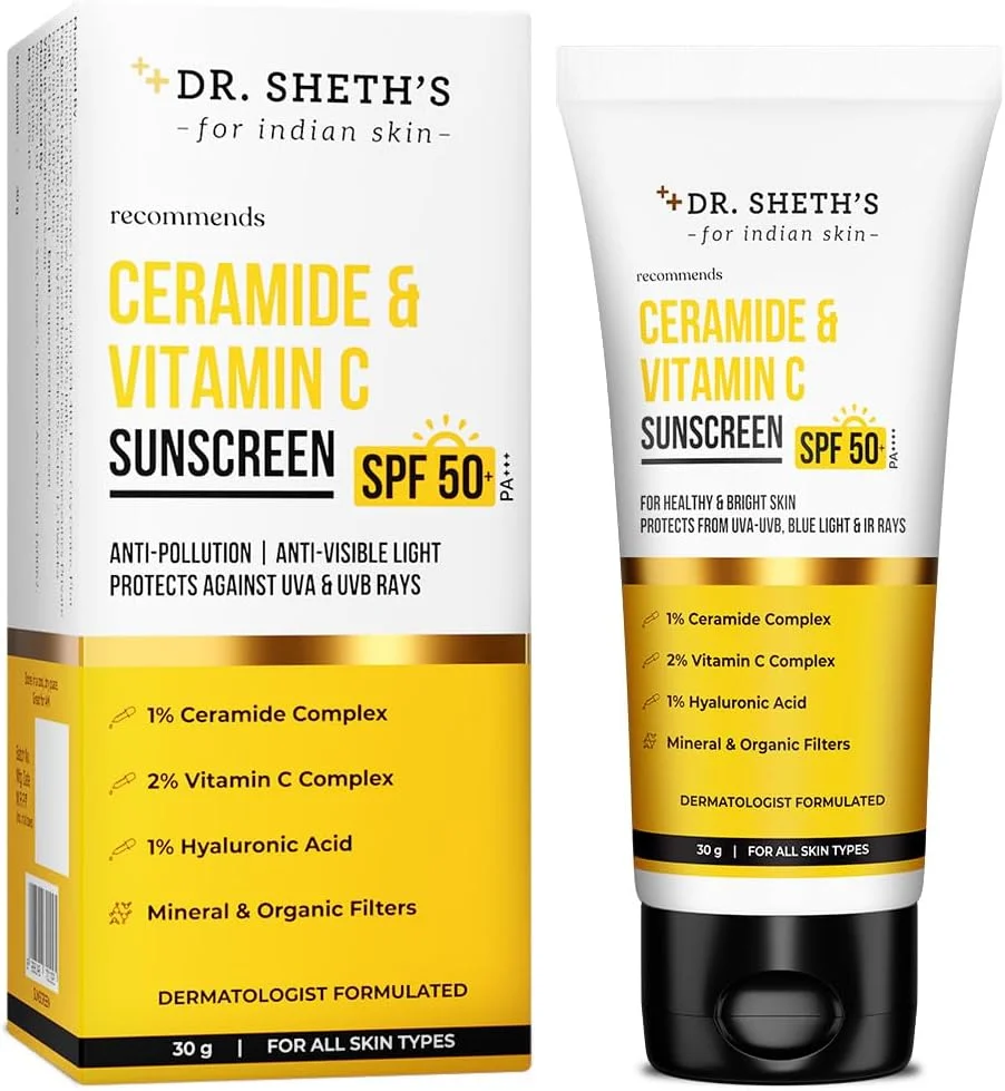 کرم ضد آفتاب سرامید و ویتامین C دکتر شث SPF 50+ PA+++ | روتین یک مرحله ای برای پوست سالم و درخشان | غیر چسبنده | بدون ایجاد رد سفیدی | غیر چرب، جذب سریع | برای زنان و مردان | محافظت در برابر اشعه UVA UVB | 30 گرم