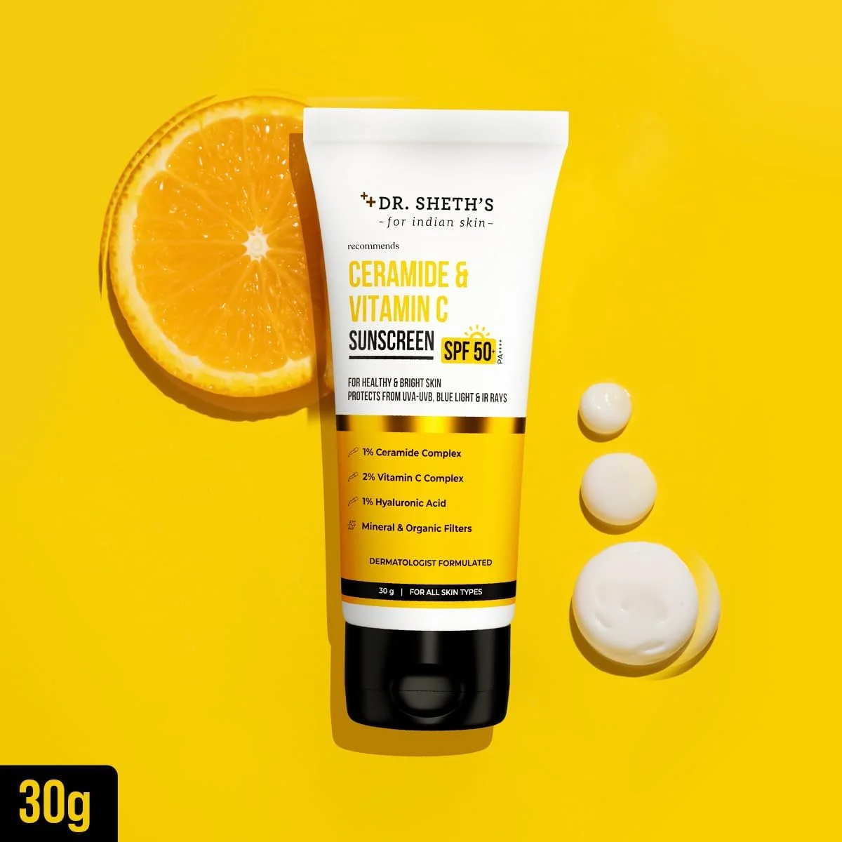 کرم ضد آفتاب سرامید و ویتامین C دکتر شث SPF 50+ PA+++ | روتین یک مرحله ای برای پوست سالم و درخشان | غیر چسبنده | بدون ایجاد رد سفیدی | غیر چرب، جذب سریع | برای زنان و مردان | محافظت در برابر اشعه UVA UVB | 30 گرم