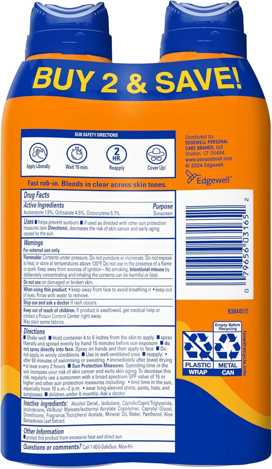 اسپری ضد آفتاب طیف گسترده عملکرد ورزشی BANANA BOAT Ultra Mist - بسته دوقلو - SPF 30، 2 عدد، 6OZ