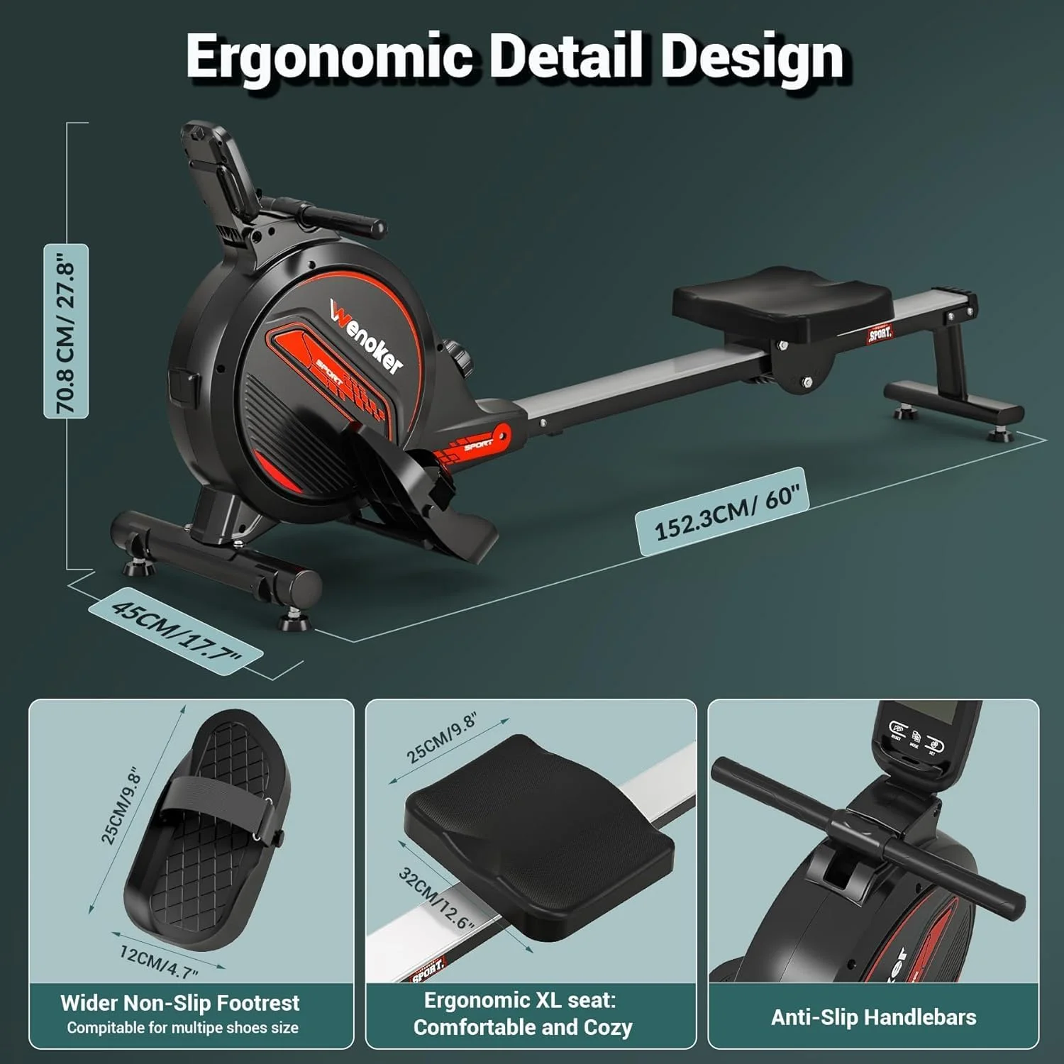 دستگاه روئینگ مغناطیسی ونوکر برای منزل، ظرفیت 158 کیلوگرم، ریل بلند و جمع و جور با نمایشگر دیجیتال و نگهدارنده تبلت، صندلی ارگونومیک، چرخ های حمل و نقل و صرفه جویی در فضا