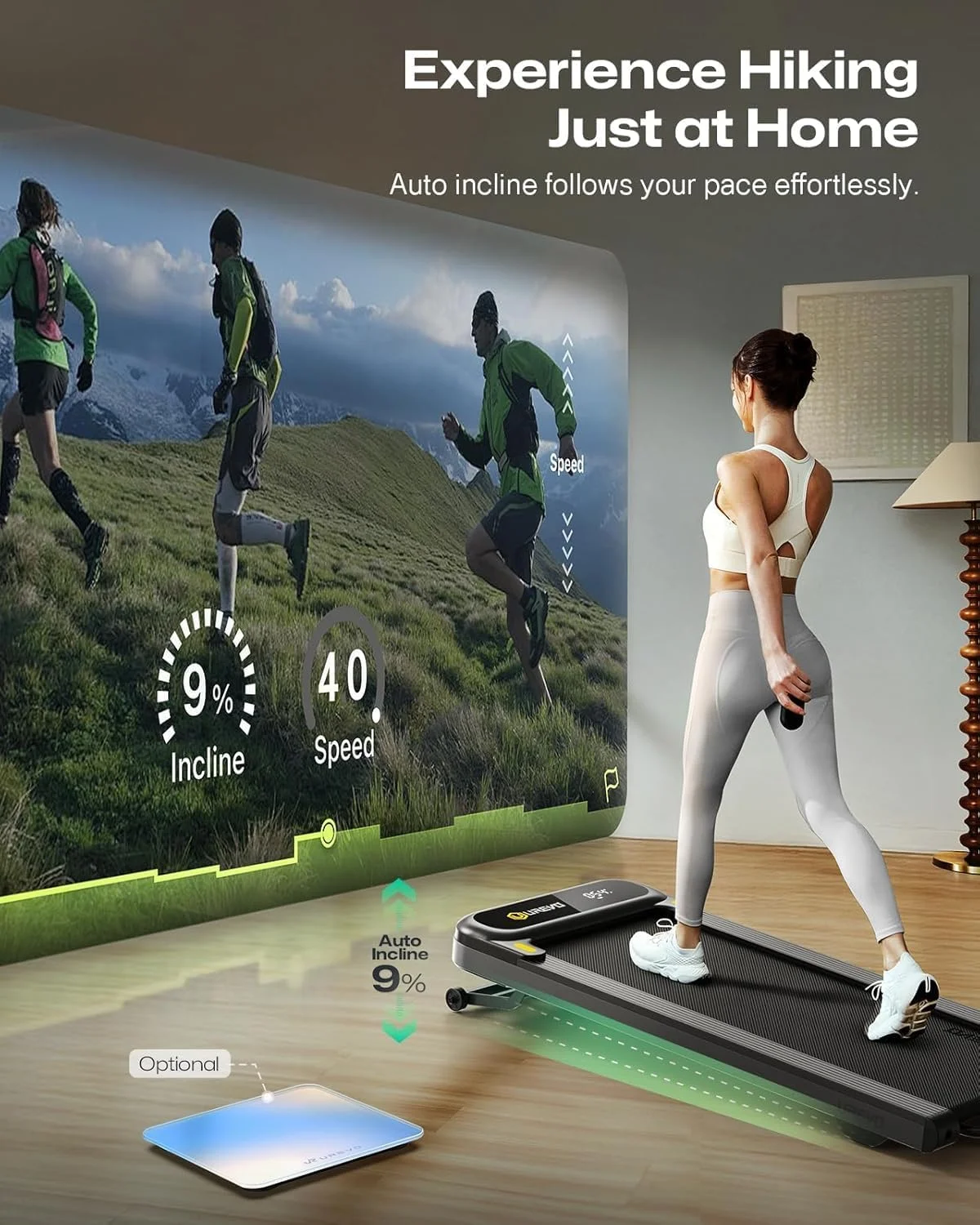 تردمیل هوشمند با شیب خودکار 9%، مناسب پیاده‌روی و دویدن برای خانه و محل کار، تردمیل با اپلیکیشن UREVO، دوره موسیقی مبتنی بر هوش مصنوعی، برنامه‌های HIIT همگام‌سازی شده با مسیرهای دیدنی، بی‌صدا کردن با یک کلیک