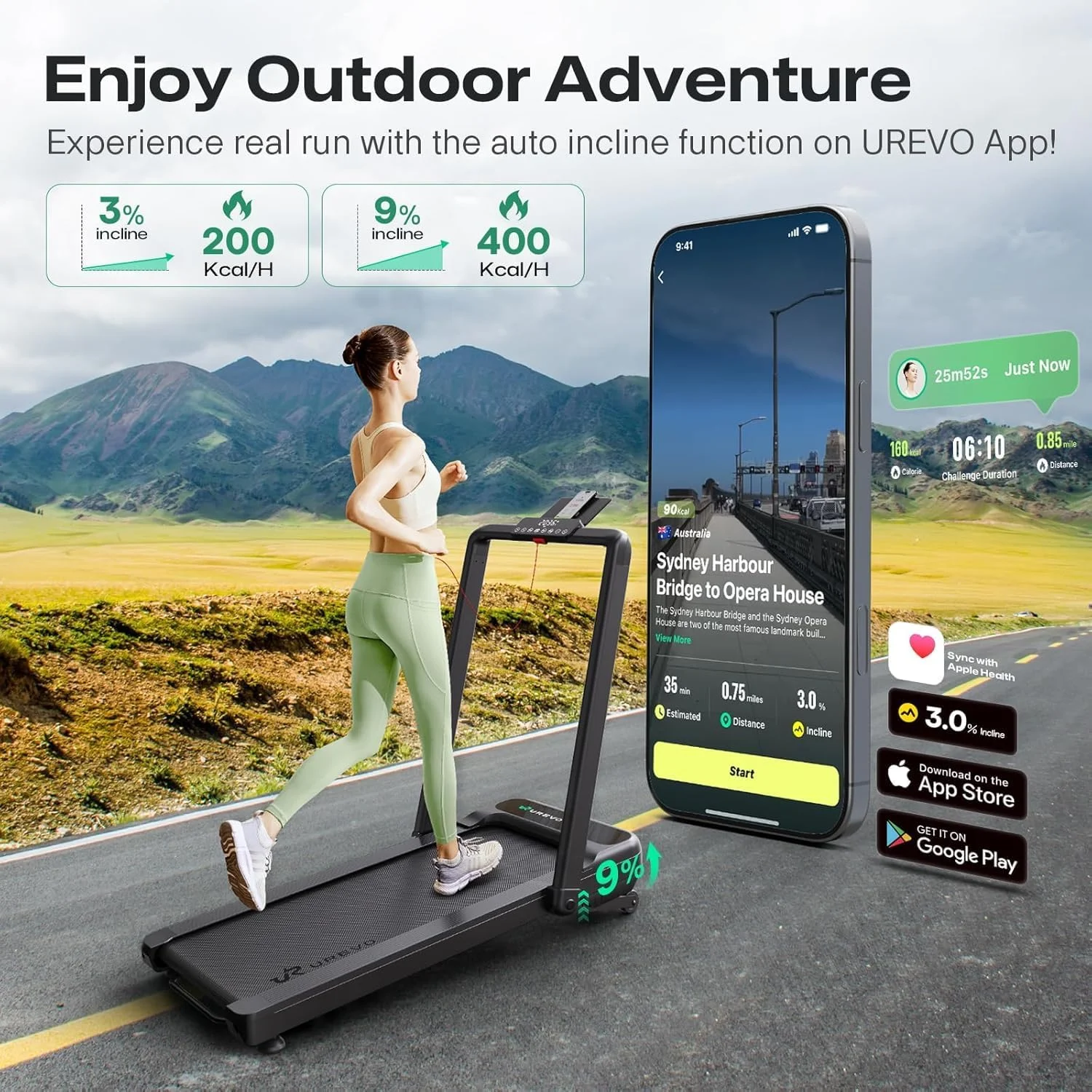 تردمیل هوشمند با شیب خودکار 9٪، تردمیل پد پیاده روی و دویدن برای دفتر کار خانگی، تردمیل با برنامه، دوره موسیقی مجهز به هوش مصنوعی، برنامه های HIIT همگام شده با مسیر منظره