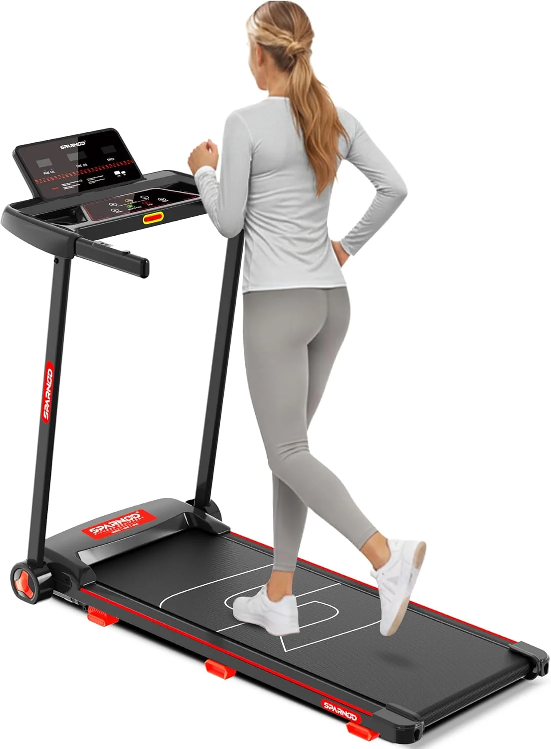 تردمیل تاشو Sparnod STH-1150 با موتور 2.5 اسب بخار DC، محدوده سرعت 1.0–14 کیلومتر در ساعت، شیب دستی، 12 برنامه، بلندگوهای بلوتوث، صفحه نمایش LED و سنسور ضربان قلب - طراحی شده برای استفاده خانگی