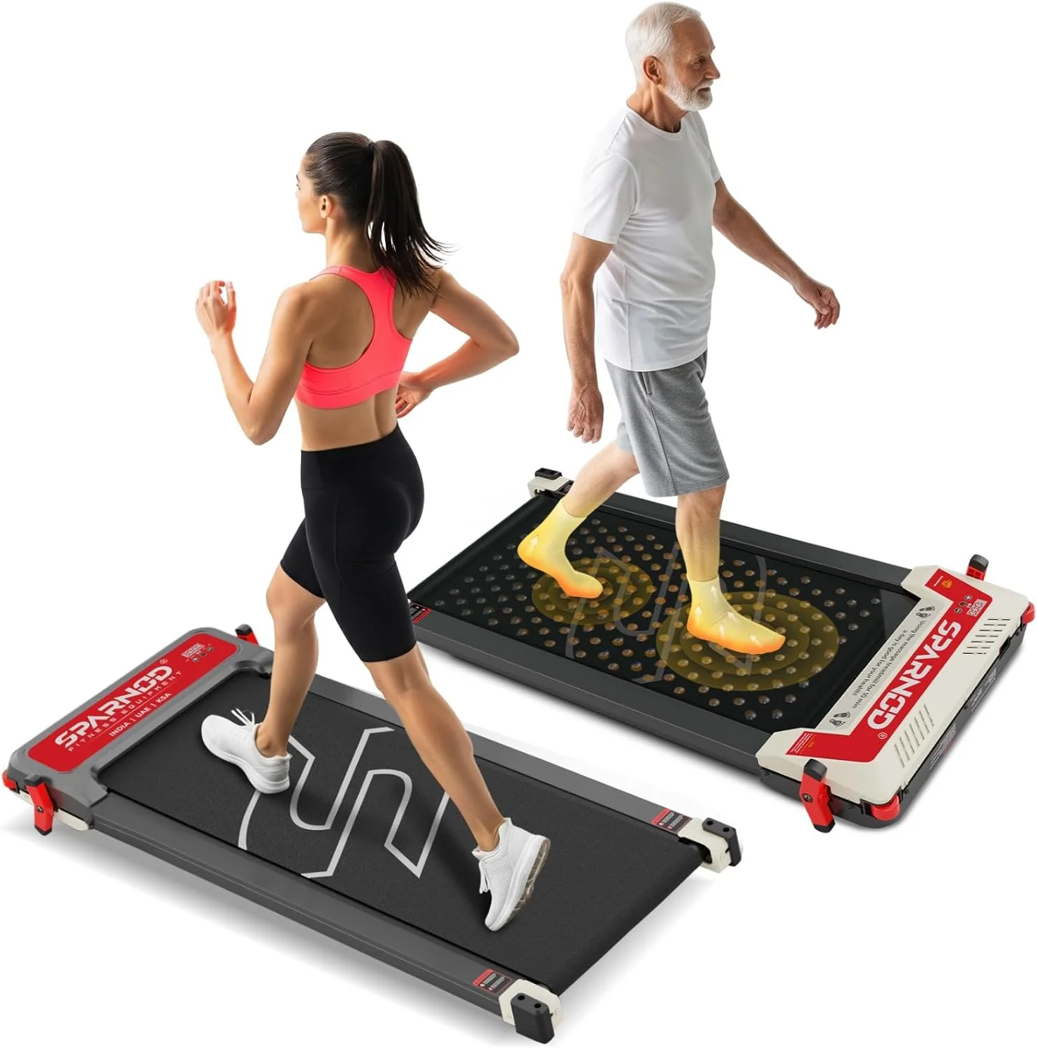 تردمیل پد پیاده روی دو طرفه 3 در 1 Sparnod Fitness STH-3003 برای استفاده خانگی با پد ماساژ طب فشاری، 1-6 کیلومتر در ساعت، 5 حالت سرعت ماساژ، نمایشگر LED، کنترل از راه دور، پیاده روی شیب دار