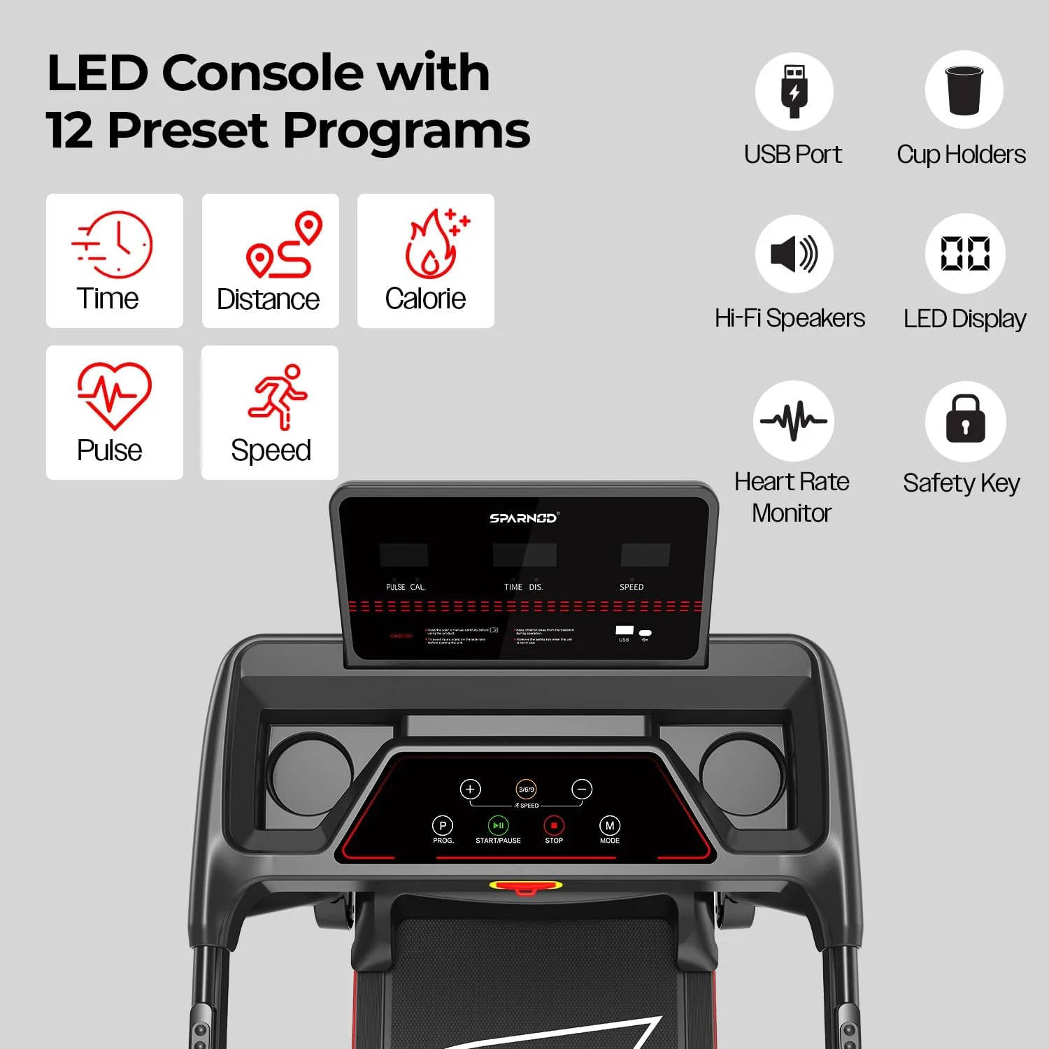 تردمیل تاشو Sparnod STH-1150 با موتور 2.5 اسب بخار DC، محدوده سرعت 1.0–14 کیلومتر در ساعت، شیب دستی، 12 برنامه، بلندگوهای بلوتوث، صفحه نمایش LED و سنسور ضربان قلب - طراحی شده برای استفاده خانگی