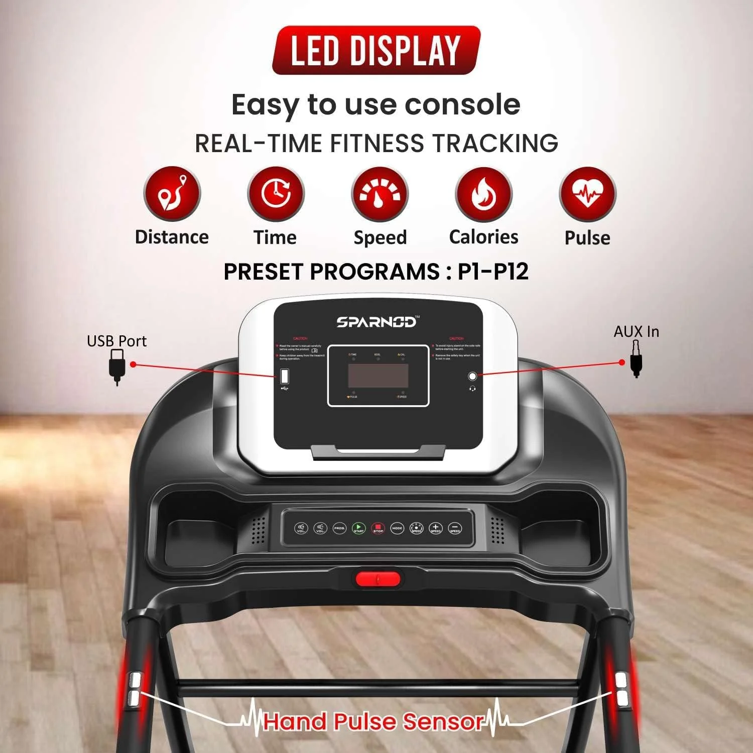 تردمیل تاشو موتوردار خانگی Sparnod Fitness STH-1250 (حداکثر قدرت 3 اسب بخار) با 12 برنامه از پیش تعیین شده، بلندگوی Hi-Fi، کلید ایمنی، حداکثر وزن کاربر 100 کیلوگرم