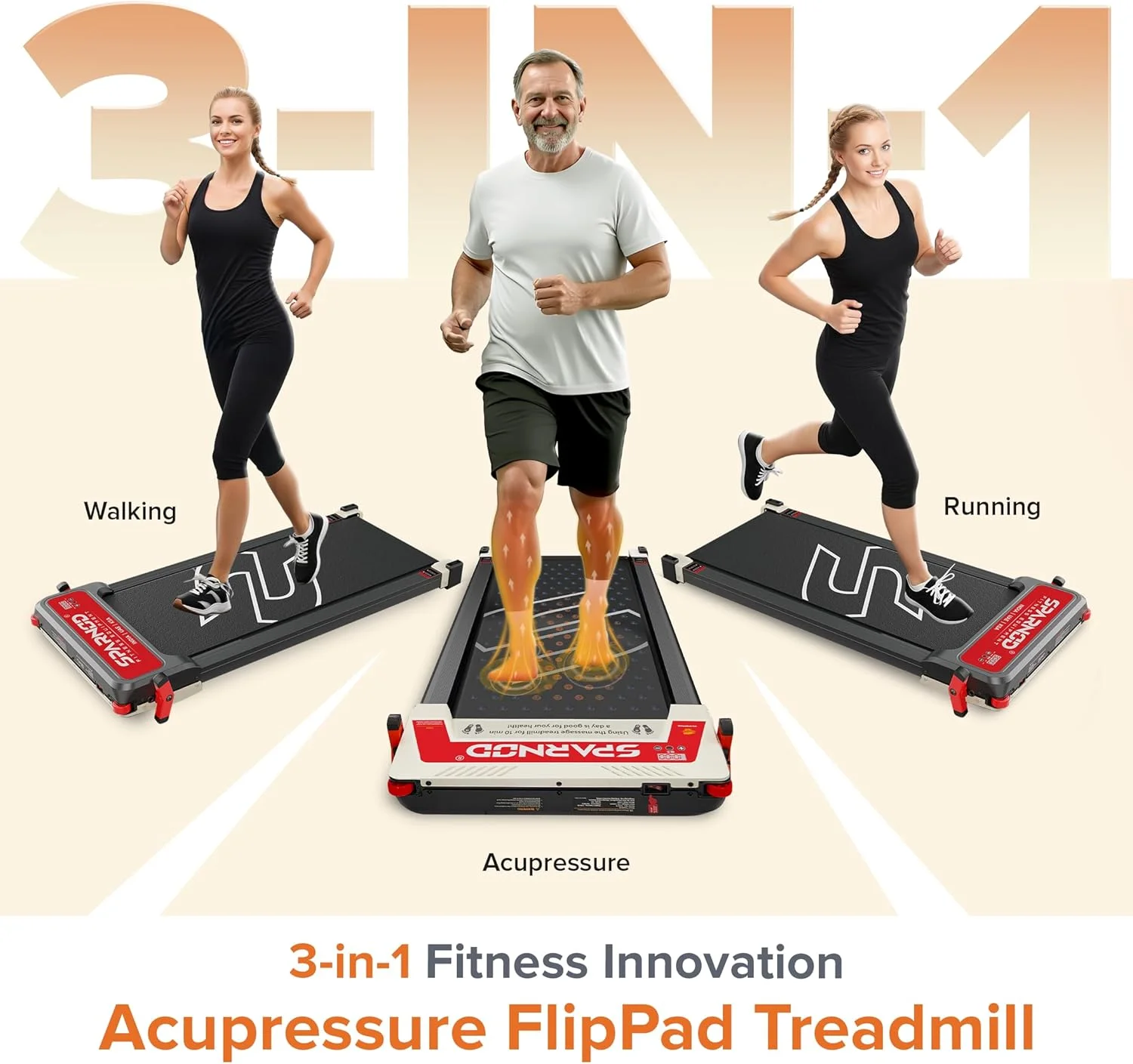 تردمیل پد پیاده روی دو طرفه 3 در 1 Sparnod Fitness STH-3003 برای استفاده خانگی با پد ماساژ طب فشاری، 1-6 کیلومتر در ساعت، 5 حالت سرعت ماساژ، نمایشگر LED، کنترل از راه دور، پیاده روی شیب دار