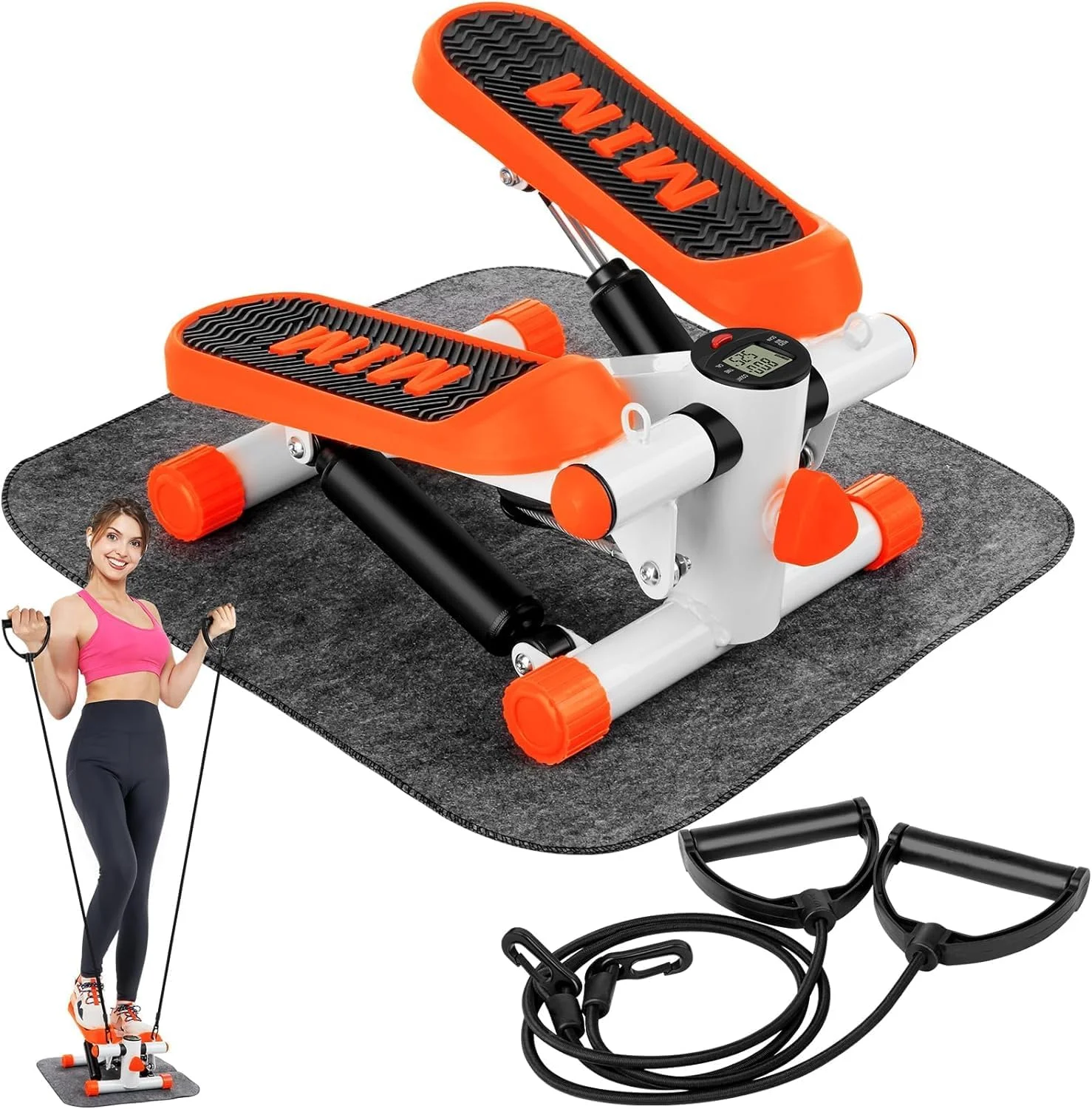 استپرهای ورزشی خانگی، مینی استپر با تجهیزات ورزشی برای تمرینات خانگی، مینی استپر با نوارهای مقاومتی و مانیتور LCD