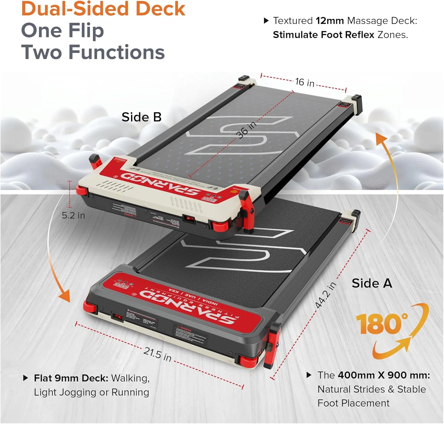 تردمیل پد پیاده روی دو طرفه 3 در 1 Sparnod Fitness STH-3003 برای استفاده خانگی با پد ماساژ طب فشاری، 1-6 کیلومتر در ساعت، 5 حالت سرعت ماساژ، نمایشگر LED، کنترل از راه دور، پیاده روی شیب دار