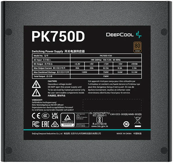 منبع تغذیه غیر ماژولار 750 واتی DeepCool PK750D 80 PLUS Bronze، استاندارد ATX12V V2.4، فن 120 میلیمتری با بلبرینگ Hypro، خازنهای تایوانی، PFC فعال + DC به DC، مشکی | R-PK750D-FA0B-UK منبع تغذیه غیر ماژولار 750 واتی DeepCool PK750D 80 PLUS Bronze، استاندارد ATX12V V2.4، فن 120 میلیمتری با بلبرینگ Hypro، خازنهای تایوانی، PFC فعال + DC به DC، مشکی | R-PK750D-FA0B-UK