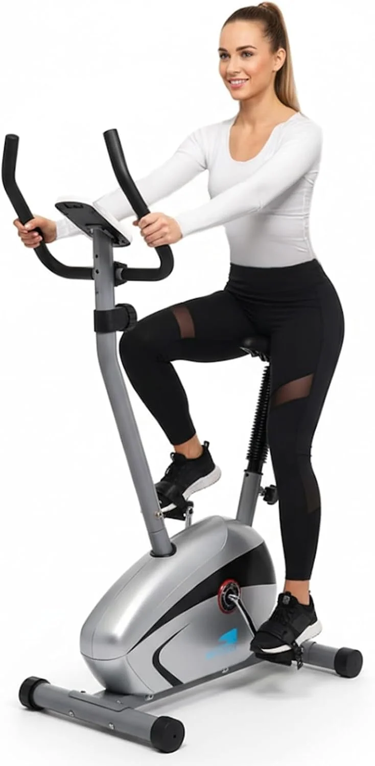 دوچرخه ثابت ایستاده مغناطیسی SKY LAND | دوچرخه سواری ثابت قابل تنظیم با 8 سطح مقاومت، صفحه نمایش LCD/دیجیتال، حسگرهای ضربان قلب و پشتیبانی از برنامه | تمرینات کاردیو باشگاه خانگی - مشکی/نقره ای