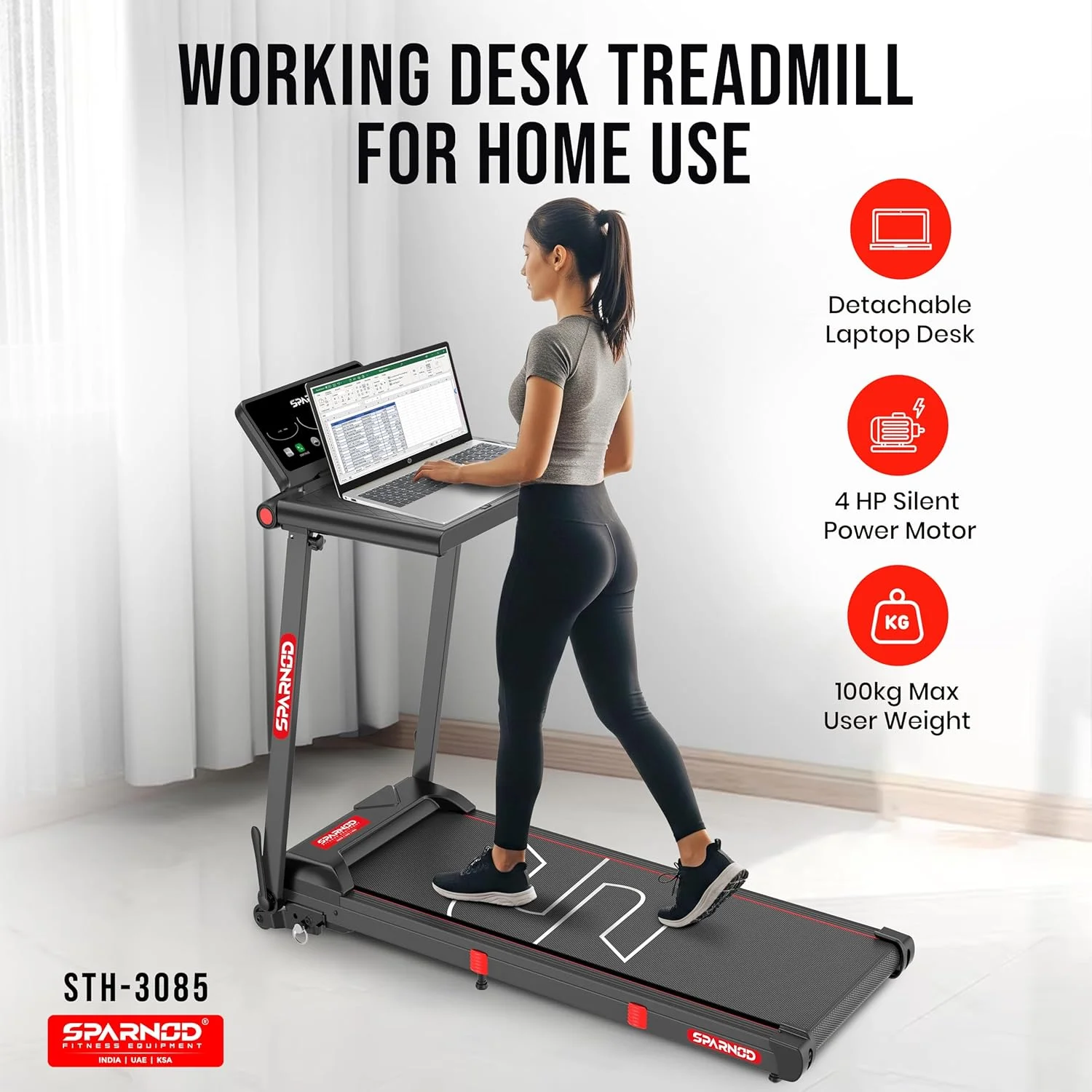 تردمیل تاشو خانگی اسپارنود فیتنس مدل STH-3085 – موتور 2.5 اسب بخار، 12 برنامه از پیش تعیین شده، سرعت 12 کیلومتر در ساعت، شیب دستی، نمایشگر LED، سیستم جذب شوک، حداکثر وزن 90 کیلوگرم