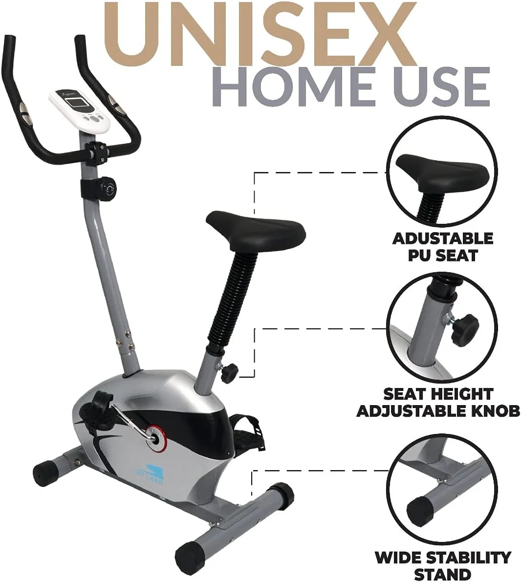 دوچرخه ثابت ایستاده مغناطیسی SKY LAND | دوچرخه سواری ثابت قابل تنظیم با 8 سطح مقاومت، صفحه نمایش LCD/دیجیتال، حسگرهای ضربان قلب و پشتیبانی از برنامه | تمرینات کاردیو باشگاه خانگی - مشکی/نقره ای