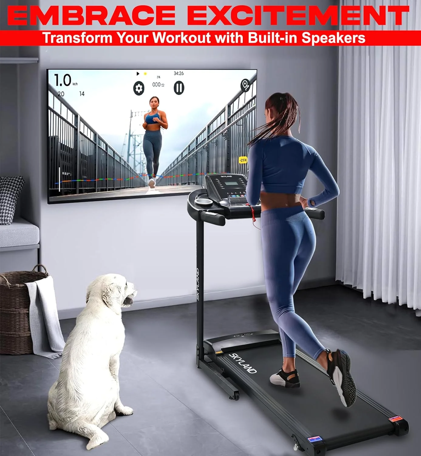 تردمیل تاشو SKY LAND با موتور 4 اسب بخار | دستگاه دویدن موتوری جمع و جور برای خانه و محل کار، بلندگوی بلوتوث، تسمه جذب شوک - EM-1298