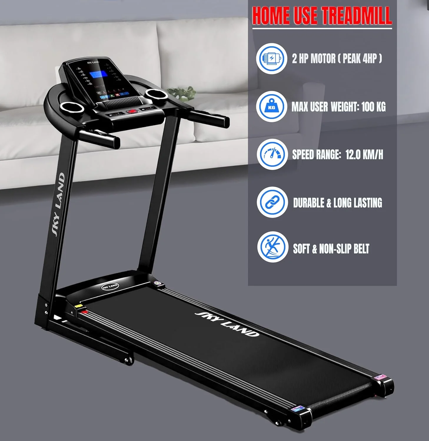 تردمیل تاشو SKY LAND با موتور 4 اسب بخار | دستگاه دویدن موتوری جمع و جور برای خانه و محل کار، بلندگوی بلوتوث، تسمه جذب شوک - EM-1298