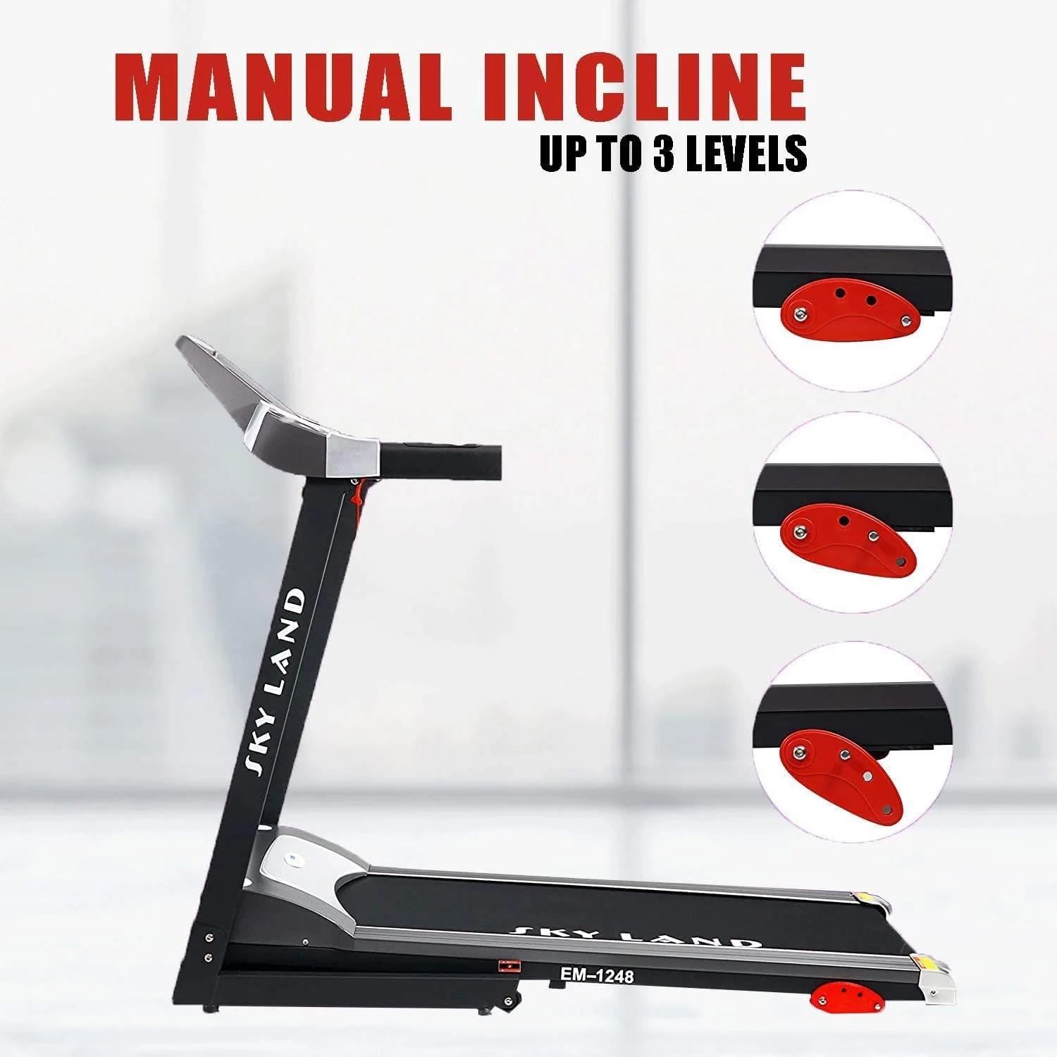 تردمیل تاشو SKY LAND با ماساژور و بلندگو | موتور پیک 4 اسب بخار، 12 برنامه تمرینی از پیش تعیین شده، بلوتوث و برنامه FS | شیب خودکار، صفحه نمایش LCD، فرود نرم هیدرولیک | دستگاه دویدن برای خانه - EM-1249