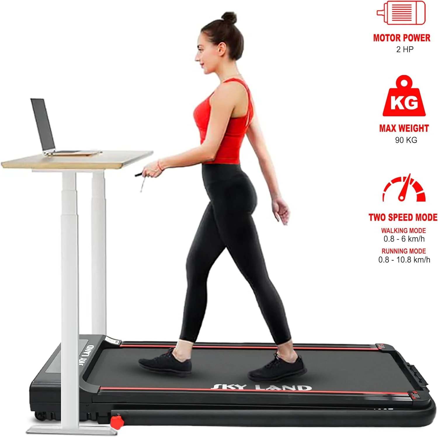 تردمیل تاشو زیر میزی 2 اسب بخار SKY LAND، پد پیاده روی جمع و جور با بلوتوث، نمایشگر LCD، کنترل از راه دور، دو حالت سرعت برای خانه، دفتر و باشگاه