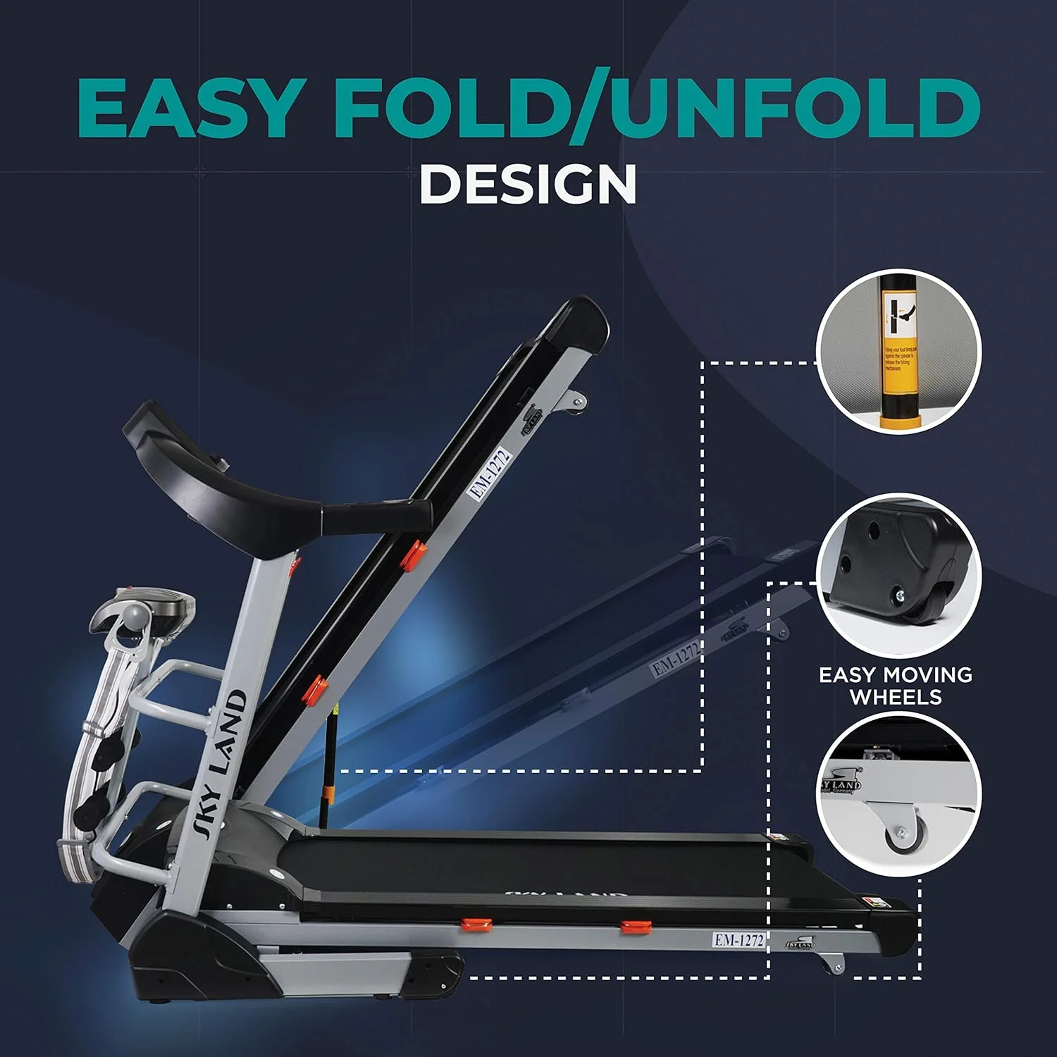 تردمیل تاشو SKY LAND | موتور DC با حداکثر توان 5.5 اسب بخار، ماساژور داخلی و بلندگوی بلوتوث، شیب اتوماتیک 18% | دستگاه دویدن خانگی و اداری EM-1272