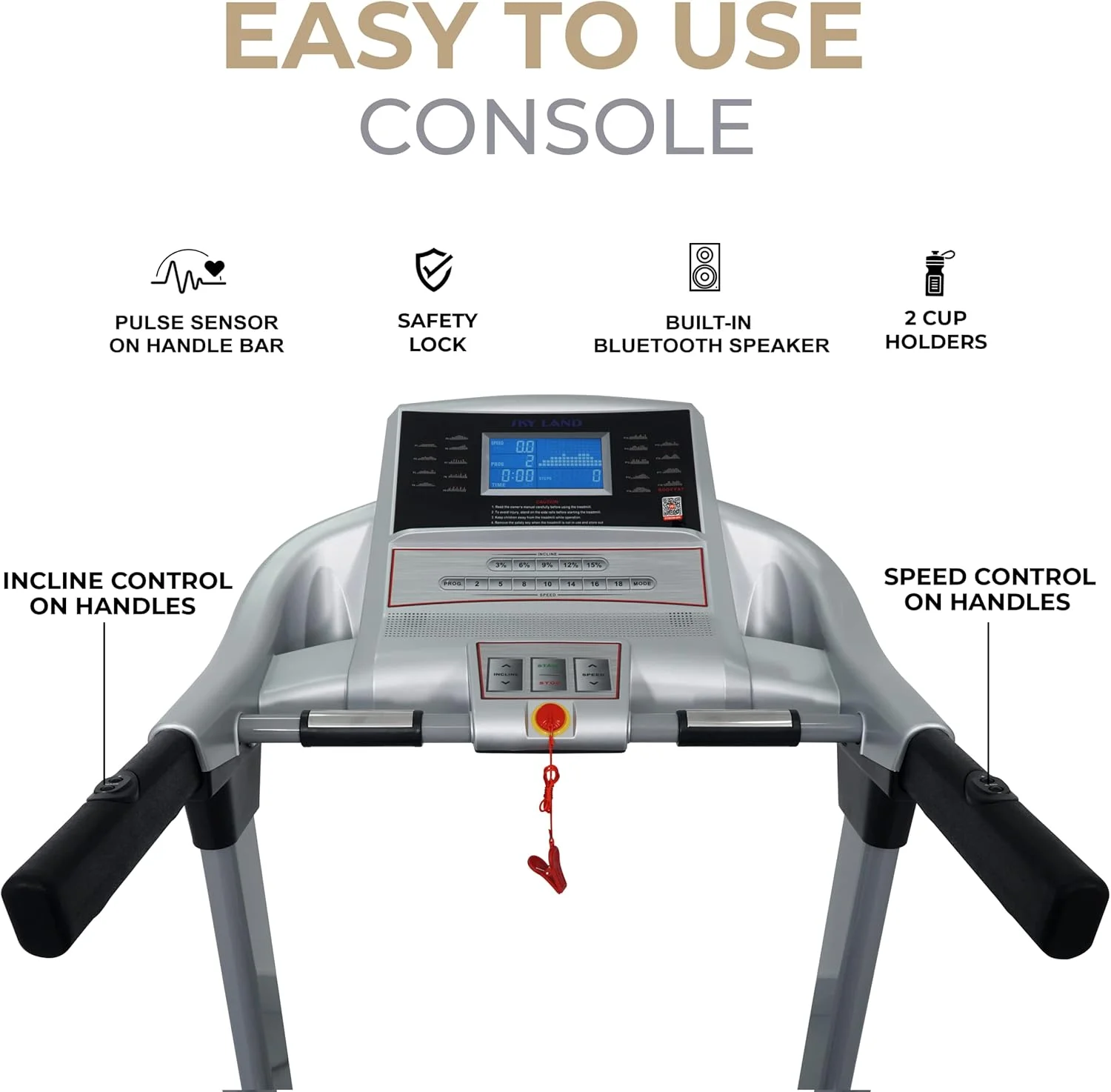 تردمیل قدرتمند فیتنس SKY LAND با موتور 3.5 اسب بخار - 7 اسب بخار پیک | تردمیل سنگین با شیب خودکار 15٪، اتصال بلوتوث و برنامه Fit Show (FS)