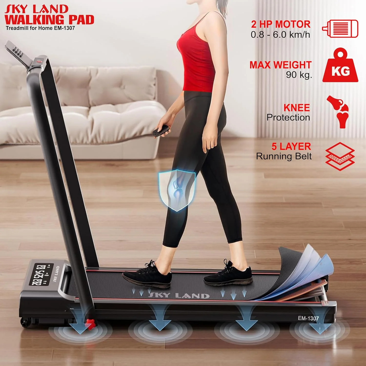 تردمیل تاشو زیر میزی 2 اسب بخار SKY LAND، پد پیاده روی جمع و جور با بلوتوث، نمایشگر LCD، کنترل از راه دور، دو حالت سرعت برای خانه، دفتر و باشگاه