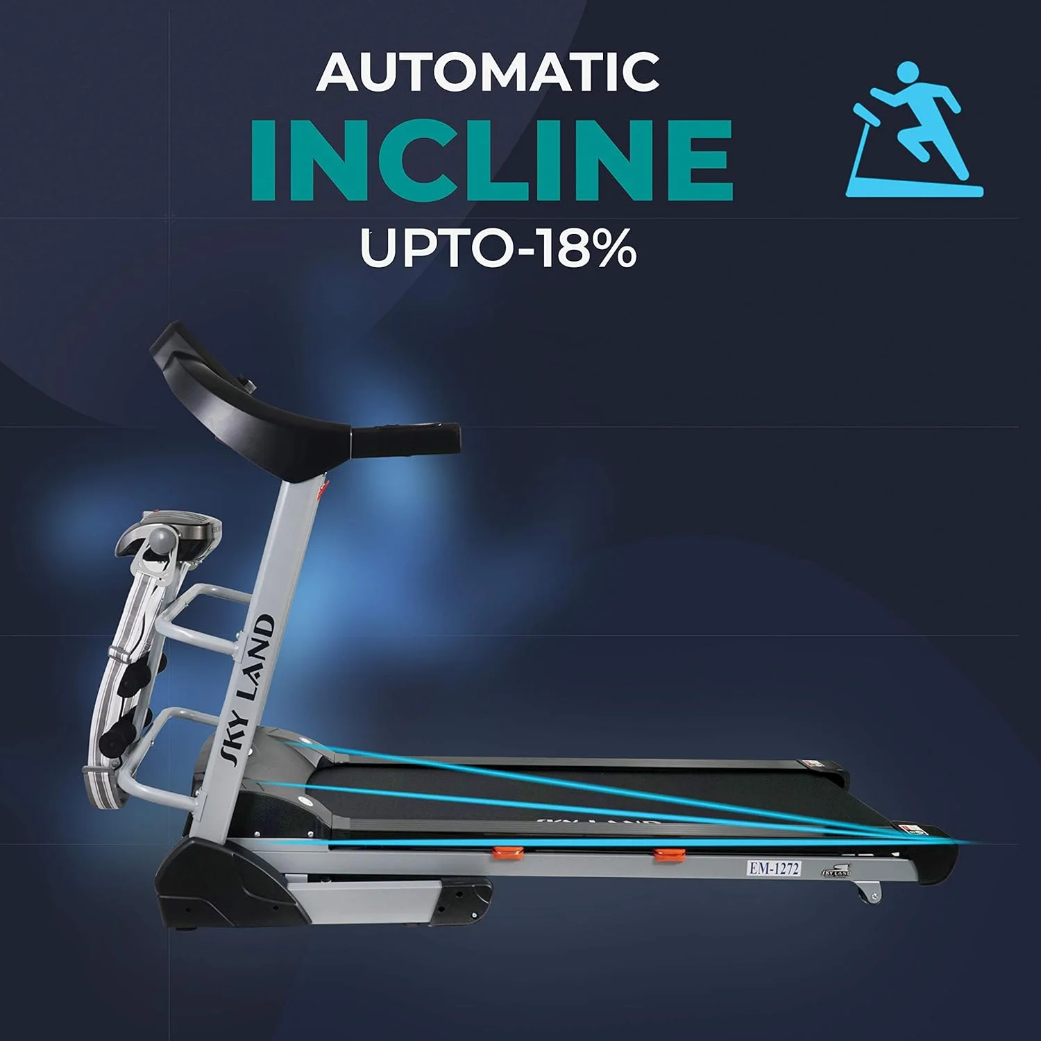 تردمیل تاشو SKY LAND | موتور DC با حداکثر توان 5.5 اسب بخار، ماساژور داخلی و بلندگوی بلوتوث، شیب اتوماتیک 18% | دستگاه دویدن خانگی و اداری EM-1272