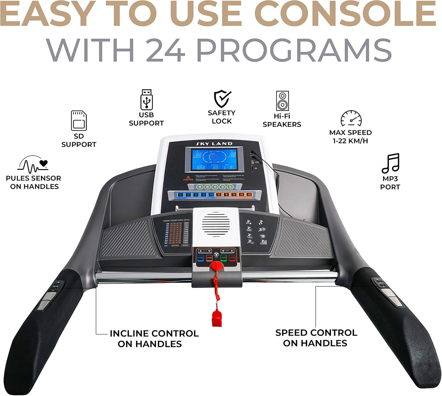 تردمیل خانگی SKY LAND با حداکثر قدرت 7 اسب بخار | دستگاه دویدن تاشو با شیب خودکار 20 حالته، بلندگوی بلوتوث، فن داخلی، درگاه USB و SD | ظرفیت سنگین 150 کیلوگرم مدل EM-1273
