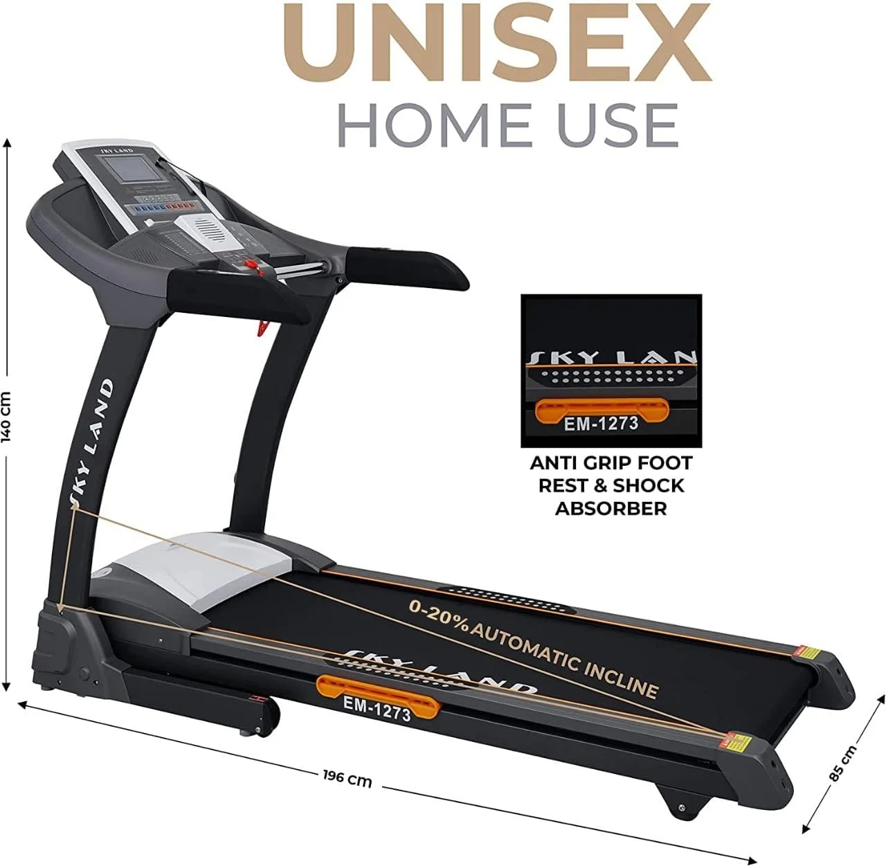 تردمیل خانگی SKY LAND با حداکثر قدرت 7 اسب بخار | دستگاه دویدن تاشو با شیب خودکار 20 حالته، بلندگوی بلوتوث، فن داخلی، درگاه USB و SD | ظرفیت سنگین 150 کیلوگرم مدل EM-1273