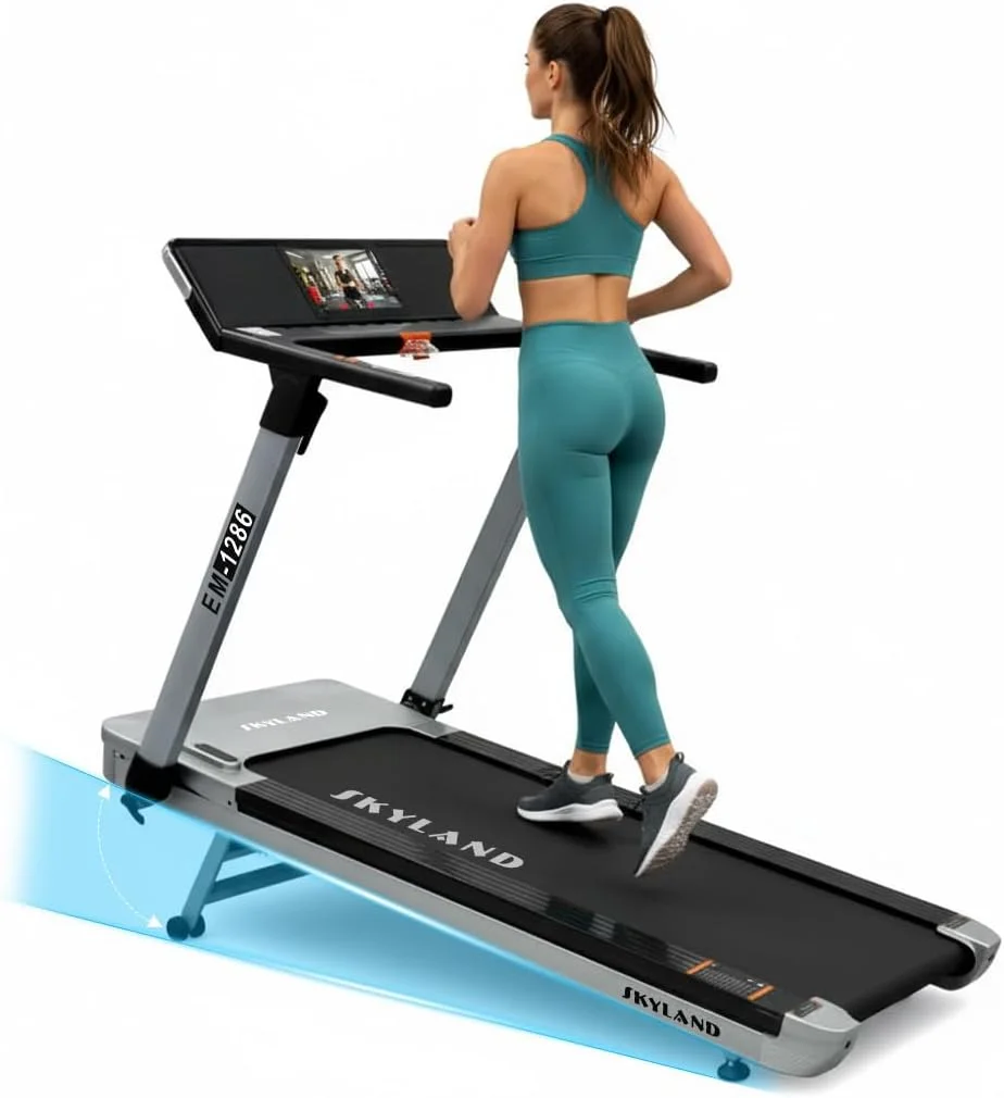 تردمیل SKY LAND با موتور پیک 4 اسب بخار، شیب خودکار 28 مرحله ای، دستگاه دویدن تاشو با صفحه نمایش لمسی TFT، اتصال WiFi، جذب شوک و بلوتوث - تردمیل برای استفاده خانگی EM-1286