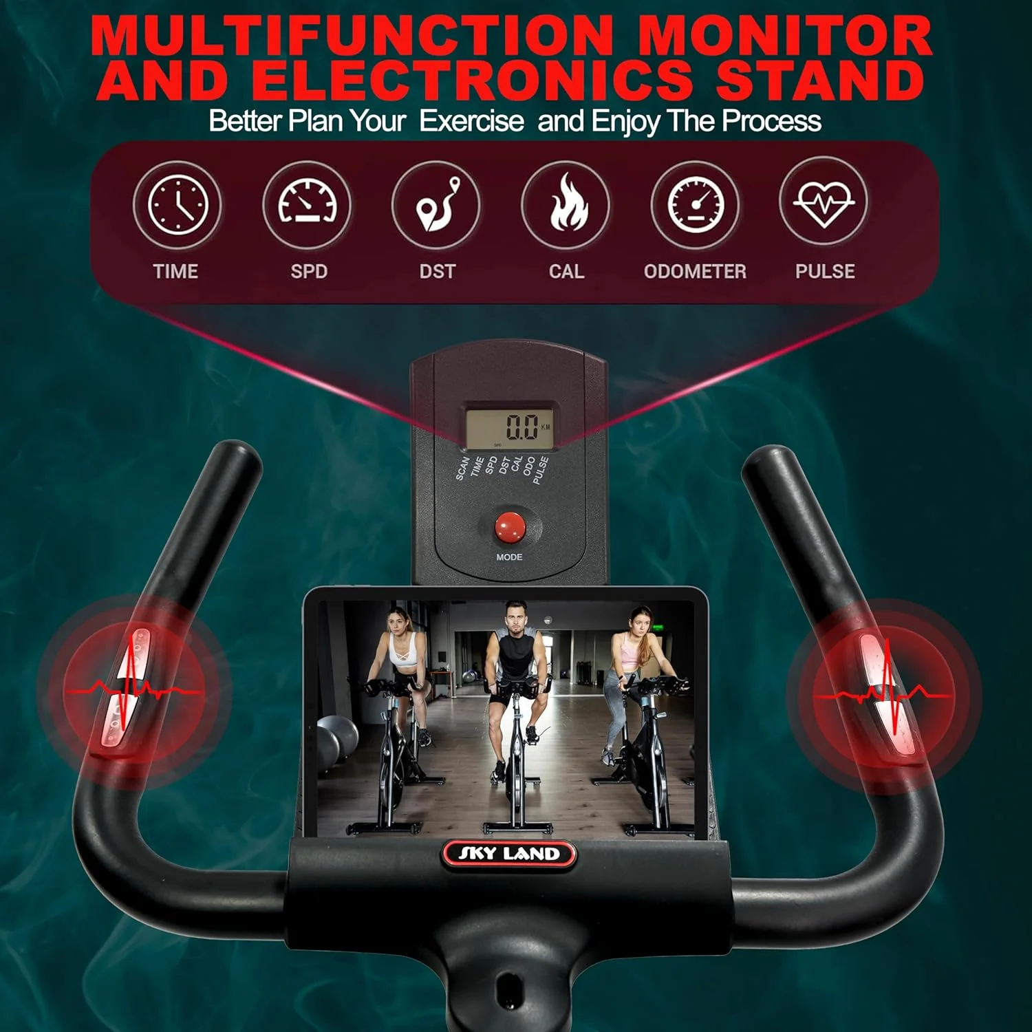 دوچرخه اسپین ورزشی SKY LAND مدل EM-1567 | دوچرخه ثابت ورزشی داخل سالن برای باشگاه خانگی | تسمه بی صدا و چرخ لنگر سنگین، برنامه هوشمند بلوتوثی، مقاومت قابل تنظیم