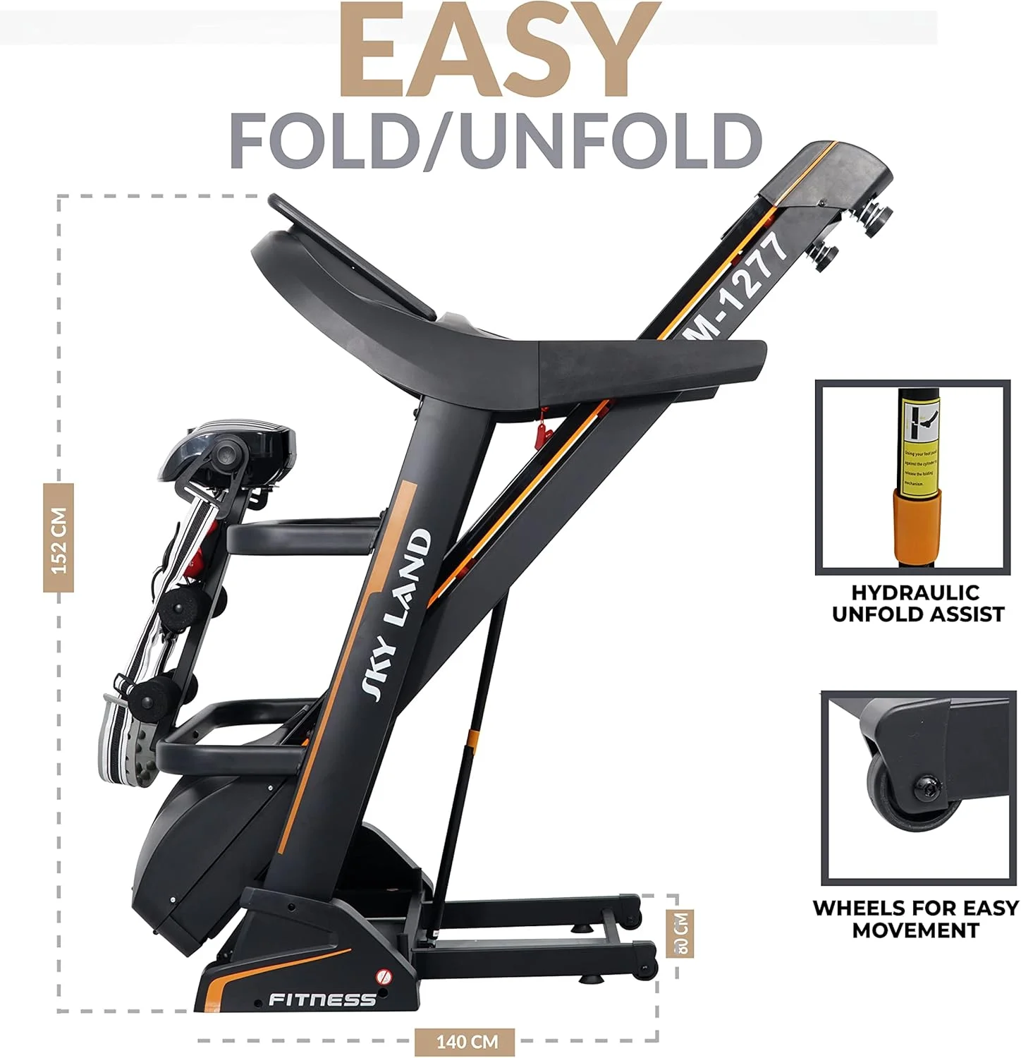 تردمیل تاشو اتوماتیک اسکای لند با بلندگوی بلوتوث (موتور با حداکثر توان 5.5 اسب بخار) برای استفاده خانگی، شیب خودکار، ظرفیت وزن 130 کیلوگرم و صفحه نمایش ال ای دی، مشکی، مونتاژ شده