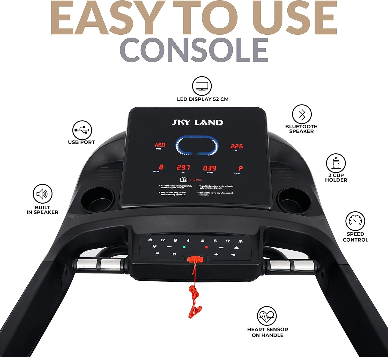 تردمیل تاشو اتوماتیک اسکای لند با بلندگوی بلوتوث (موتور با حداکثر توان 5.5 اسب بخار) برای استفاده خانگی، شیب خودکار، ظرفیت وزن 130 کیلوگرم و صفحه نمایش ال ای دی، مشکی، مونتاژ شده