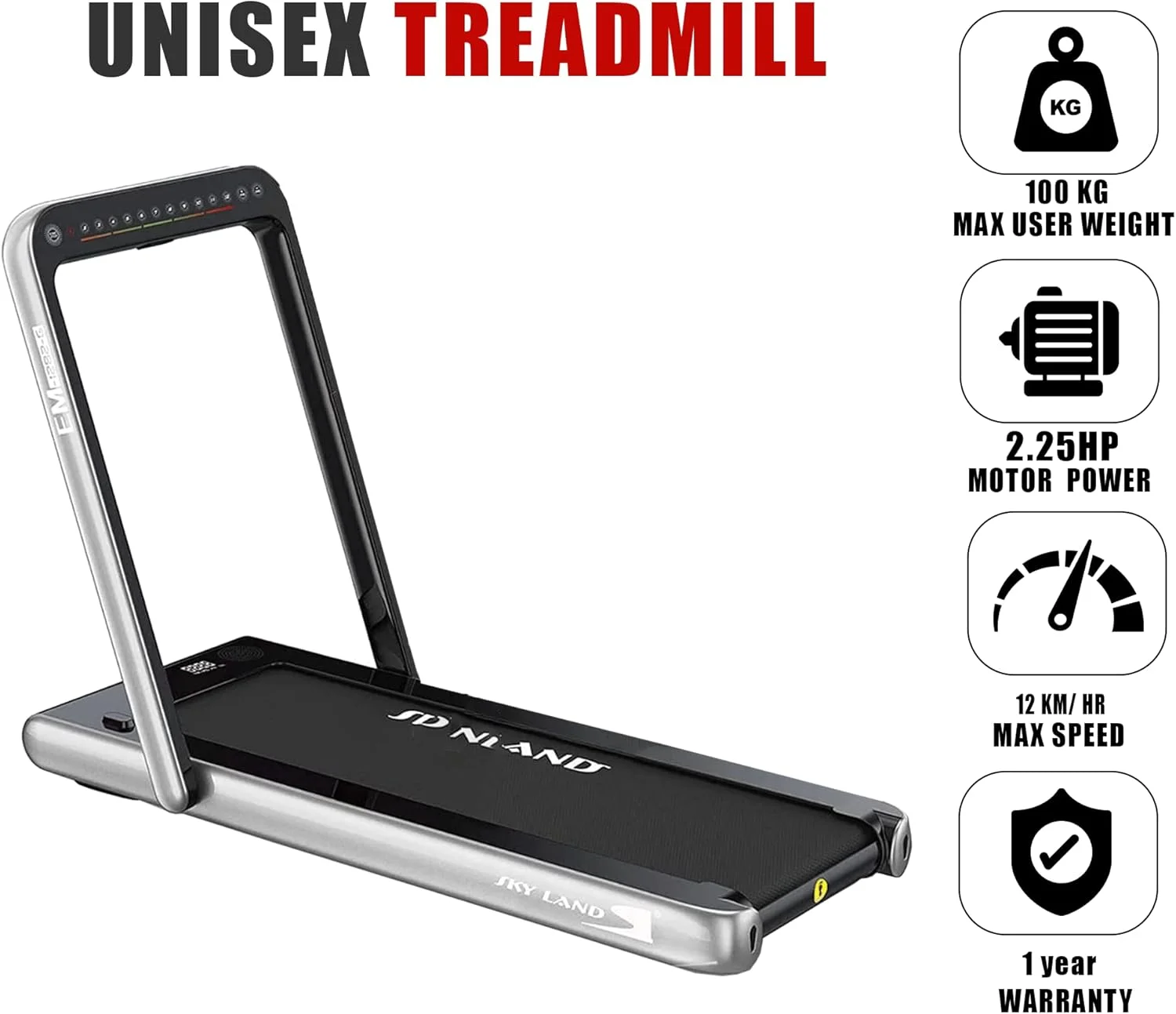 دستگاه پد پیاده‌روی و تردمیل تاشو 2 در 1 SKY LAND | موتور 2.25 اسب بخار، کنترل سرعت خودکار، بلندگوی بلوتوث و نمایشگر LED | دستگاه دویدن جمع و جور برای خانه و دفتر - EM-1282