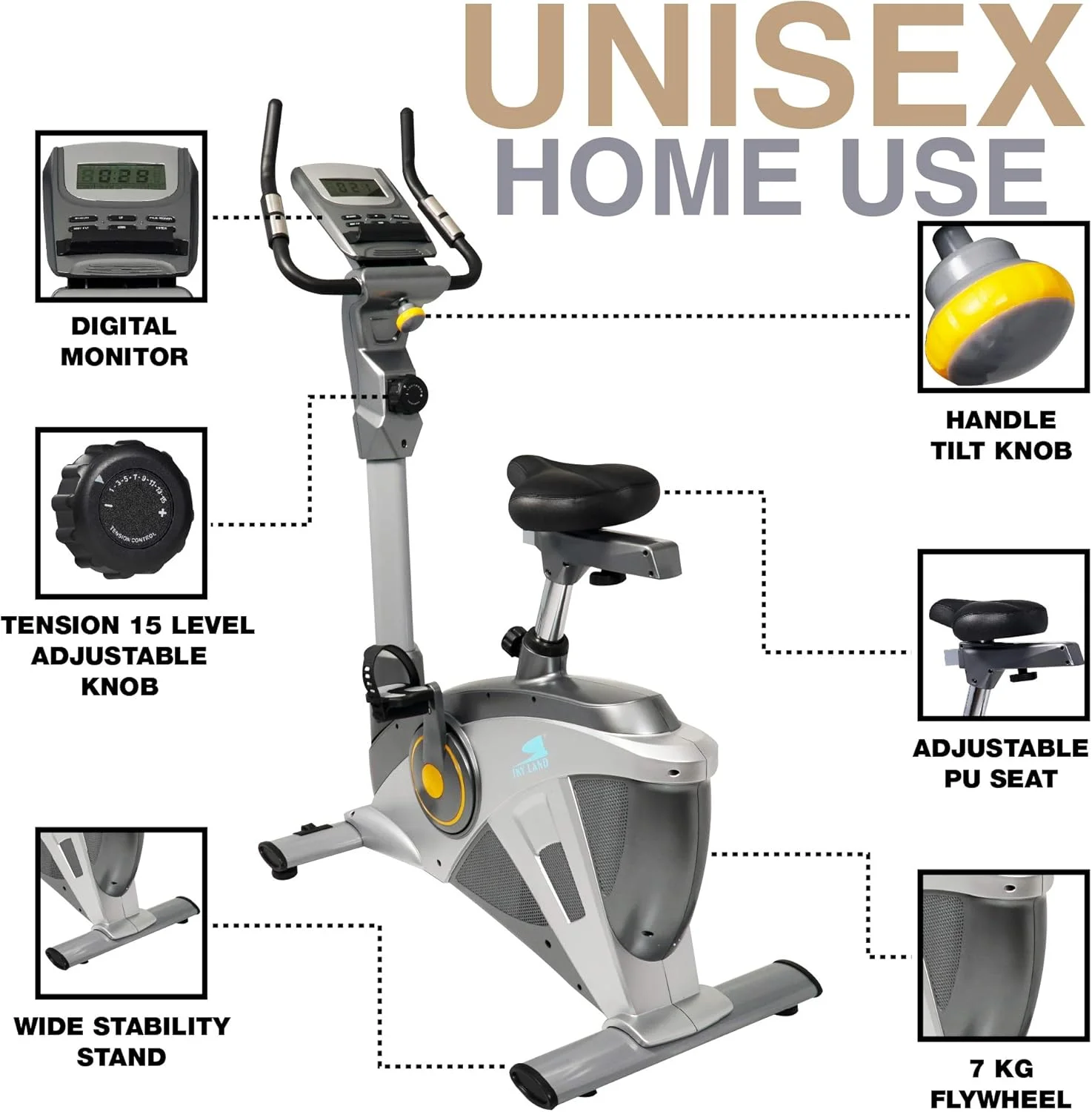 دوچرخه ثابت ایستاده مگنتی SKY LAND با 15 سطح مقاومت، سیستم تسمه بی صدا، صندلی قابل تنظیم، ظرفیت وزنی 113 کیلوگرم و صفحه نمایش LCD برای تمرینات کل بدن، دوچرخه ورزشی خانگی EM-1542