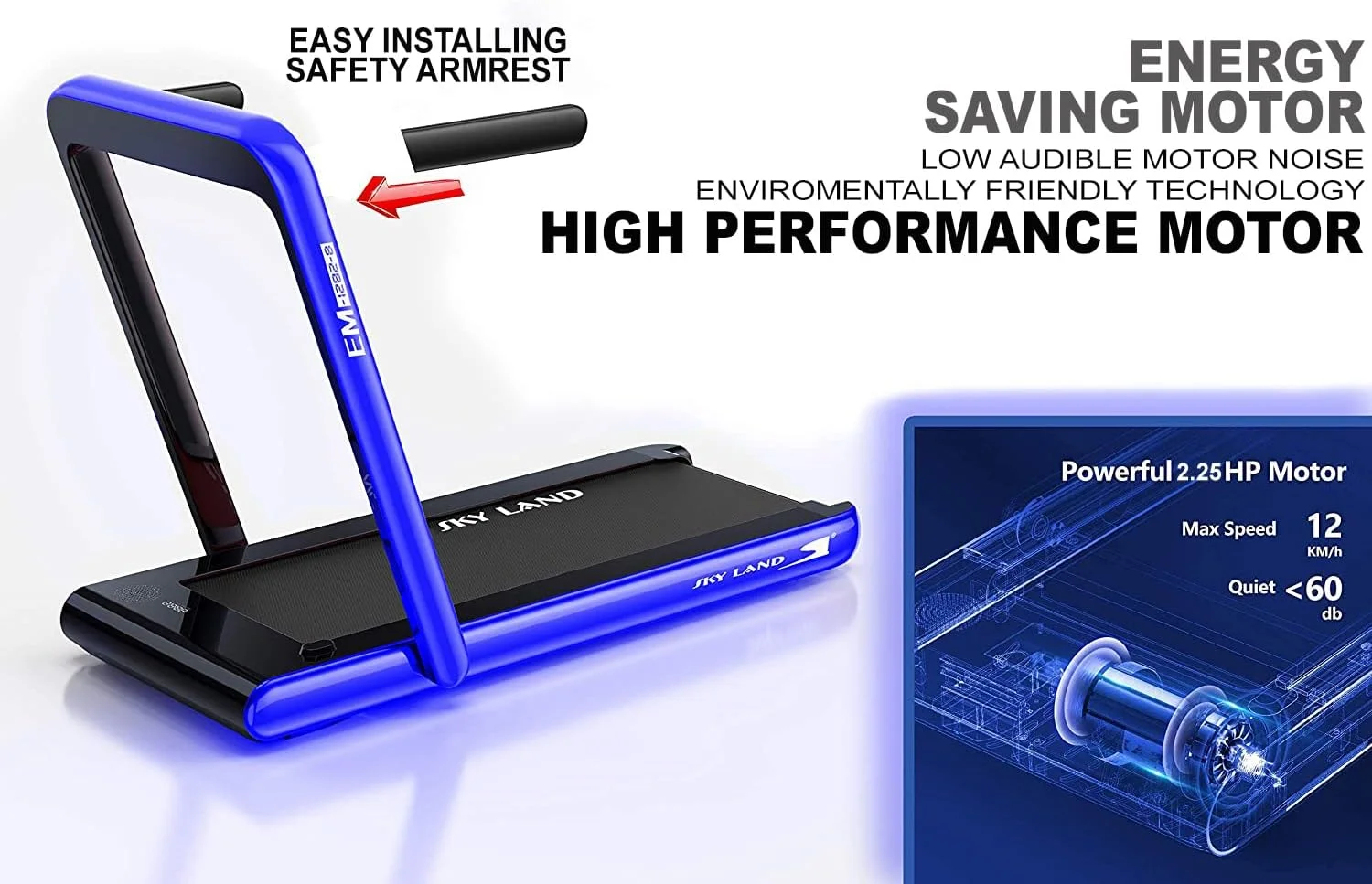 دستگاه تردمیل تاشو و پد پیاده‌روی 2 در 1 SKY LAND، موتور 2.25 اسب بخار، سرعت خودکار، بلندگوی بلوتوث، نمایشگر LED، دستگاه ورزشی جمع و جور خانگی و اداری EM-1282-B