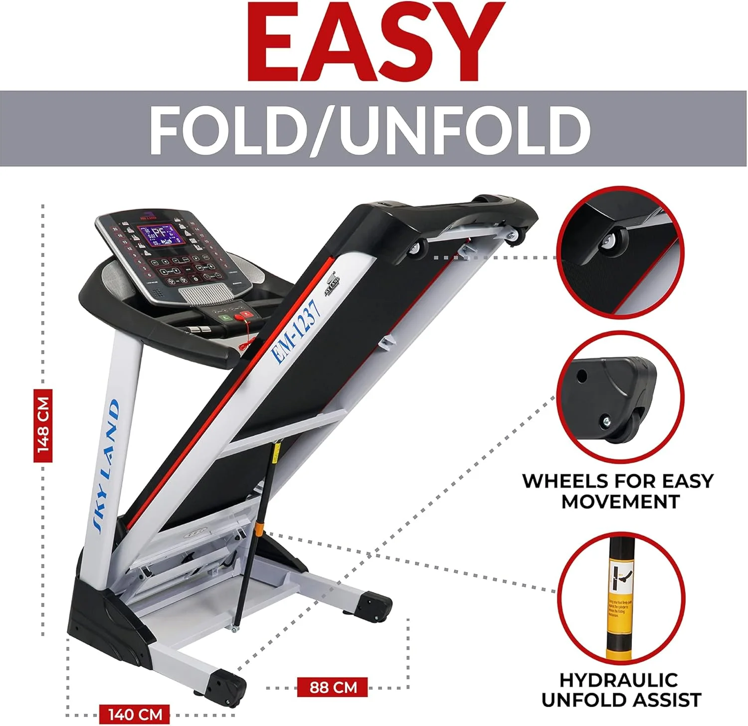 تردمیل موتور AC با حداکثر توان 7 اسب بخار SKY LAND | دستگاه دویدن تاشو نیمه تجاری با شیب خودکار 20٪، صفحه نمایش LCD و MP3 | حداکثر وزن 150 کیلوگرم | جذب شوک | مناسب برای استفاده در خانه و باشگاه | EM-1237 دستگاه پیاده روی