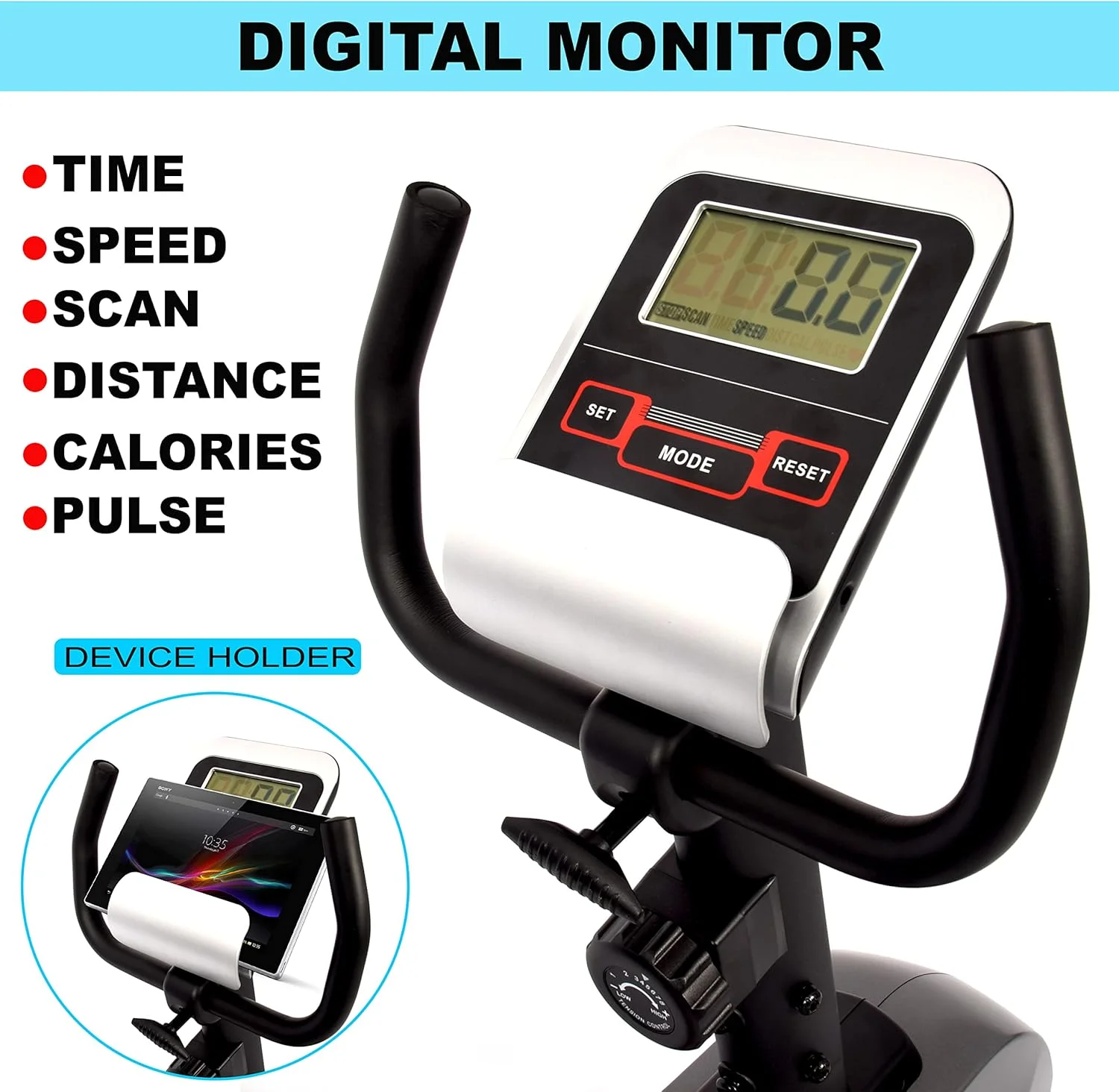 دوچرخه ثابت پشتی دار SKY LAND با مقاومت مغناطیسی 8 سطحی، فلایویل دو طرفه، صندلی قابل تنظیم، نمایشگر دیجیتال و سازگاری با برنامه تمرینی برای تناسب اندام در خانه