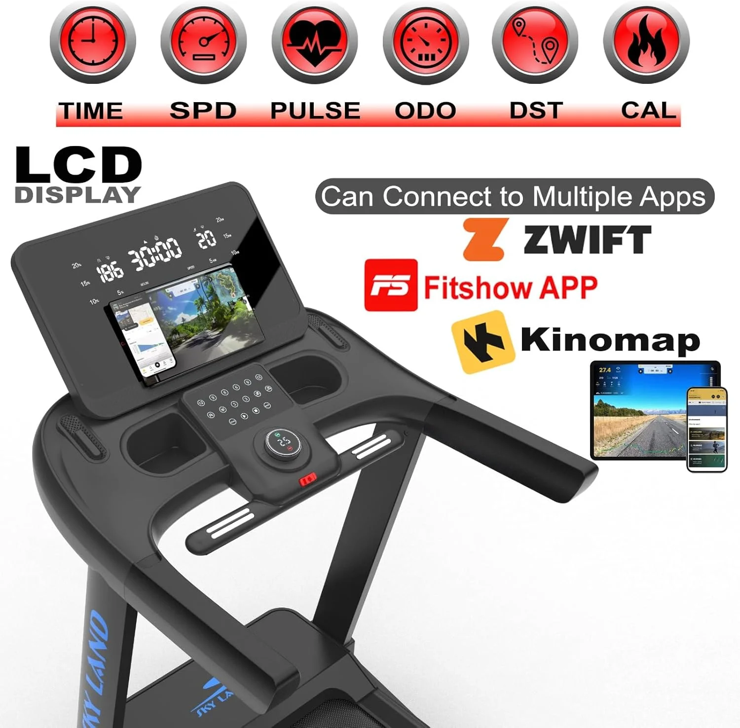 تردمیل ۷ اسب بخار SKY LAND - دستگاه دویدن تاشو، گزینه‌های موتور AC/DC، بلوتوث، شیب خودکار (۲۰%)، حداکثر وزن کاربر ۱۵۰ کیلوگرم، سرعت ۲۲ کیلومتر در ساعت - استفاده خانگی و نیمه تجاری