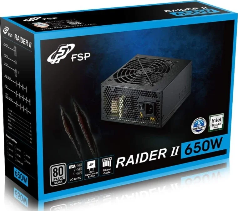 منبع تغذیه 650 وات FSP Raider 2 RA2-650، دارای گواهینامه 80 پلاس نقره ای، بازدهی ≧ 88٪، فن بی صدای 120 میلی متری، PFC فعال، طراحی تک ریل +12V، استانداردهای ATX12V و EPS12V | PPA6503304