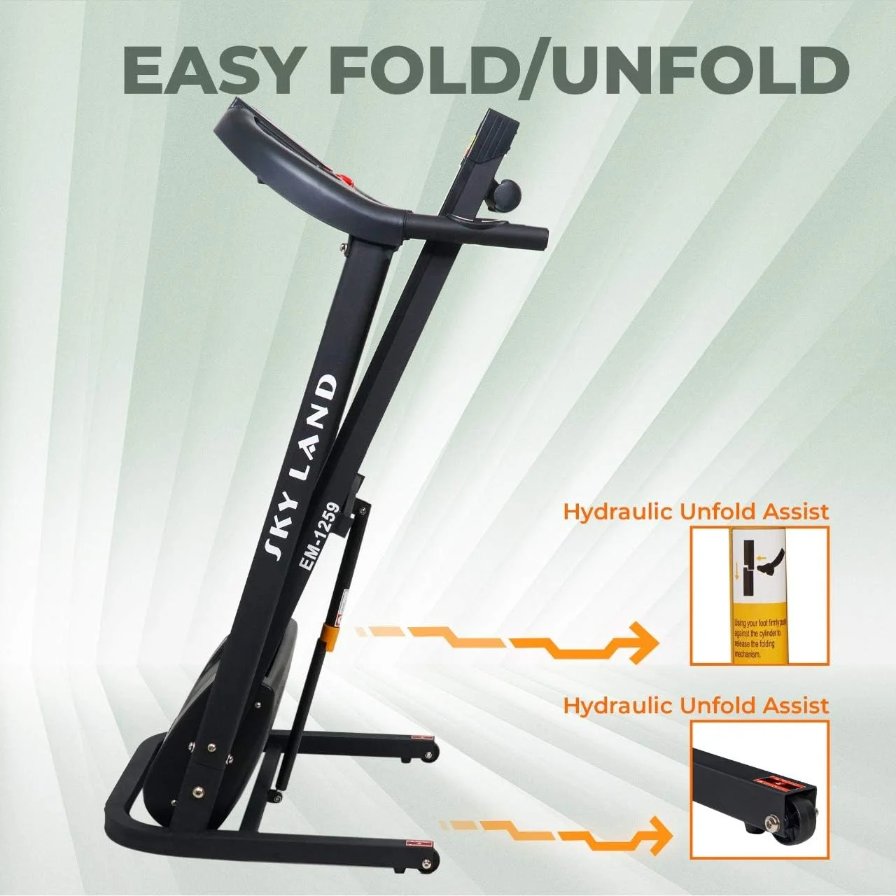 تردمیل موتوردار SKY LAND | دستگاه دویدن تاشو با حداکثر توان 3 اسب بخار برای استفاده خانگی | سیستم هیدرولیک سافت-دراپ، نمایشگر LCD، سنسور ضربان قلب، برنامه های از پیش تعیین شده، طراحی جمع و جور EM-1259