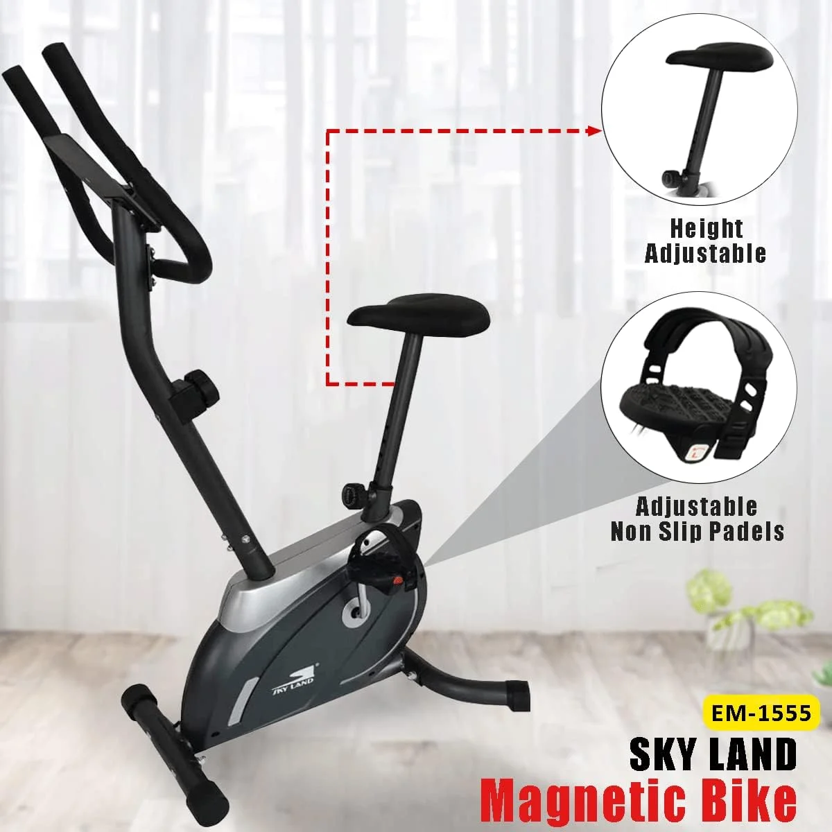 دوچرخه ثابت مگنتی باشگاهی SKY LAND مدل EM-1555 مشکی با مانیتور دیجیتال و کنترل مقاومت