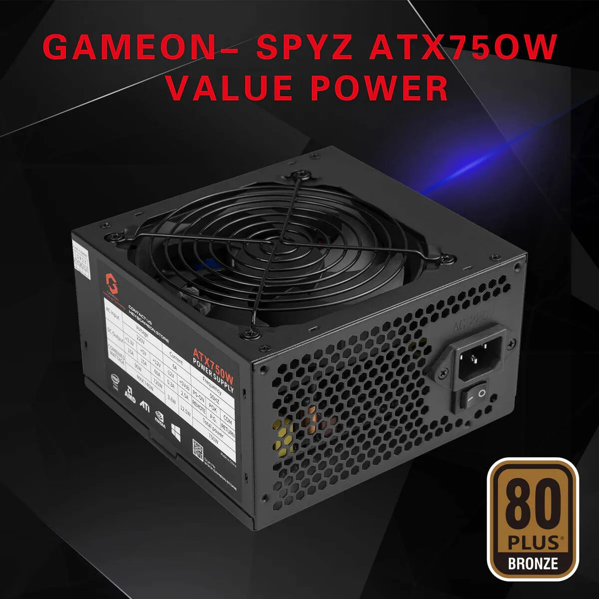 منبع تغذیه گیمینگ GAMEON - SPY2 ATX 750 وات 80 PLUS BRONZE، غیر ماژولار، طراحی PCB دوبل، مصرف برق پایین، فرآیند تولید SMD، محافظت کامل، مشکی | GO-SPYATX750W
