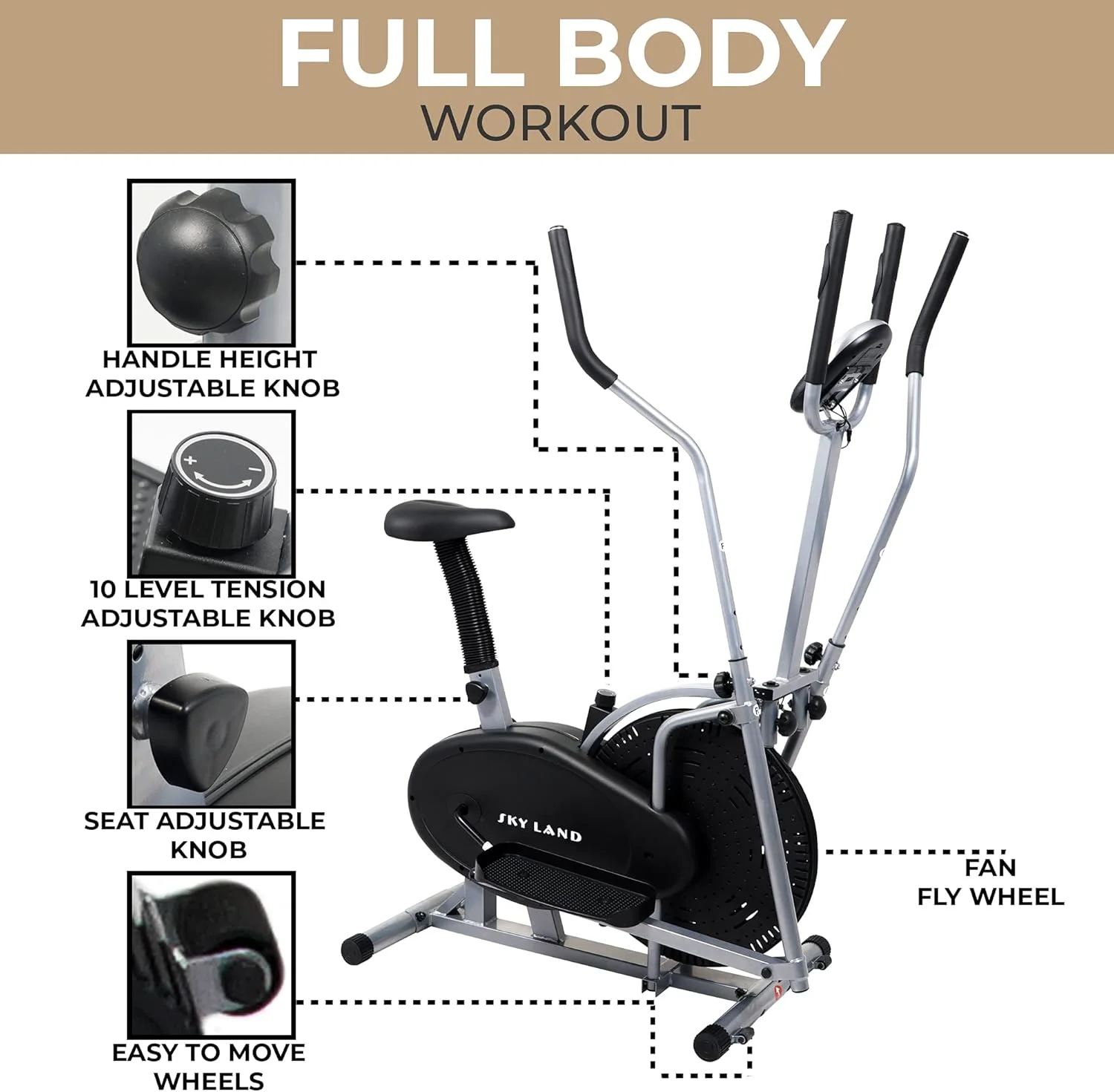 دستگاه الپتیکال و دوچرخه ثابت اسکای لند – دستگاه اوربیتراک 2 در 1 مناسب باشگاه خانگی، مقاومت قابل تنظیم، نمایشگر LCD، تمرین کل بدن، سیستم تسمه ای، تجهیزات تناسب اندام (EM-1502)