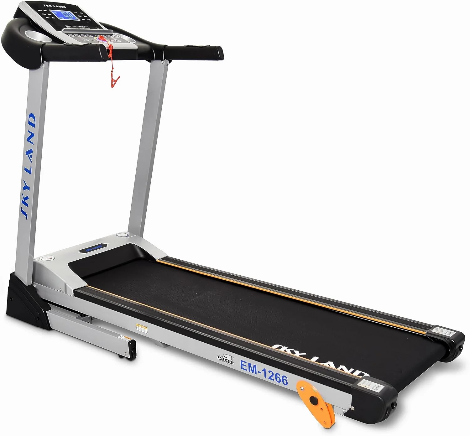 تردمیل تاشو موتوری SKY LAND، موتور 2 اسب بخار DC (4 اسب بخار پیک)، ظرفیت 100 کیلوگرم، 0.8–14 کیلومتر در ساعت، شیب دستی 3 سطح، صفحه نمایش LCD 5 اینچی، بلندگوی Hi-Fi، دستگاه دویدن جمع و جور برای استفاده خانگی EM-1266