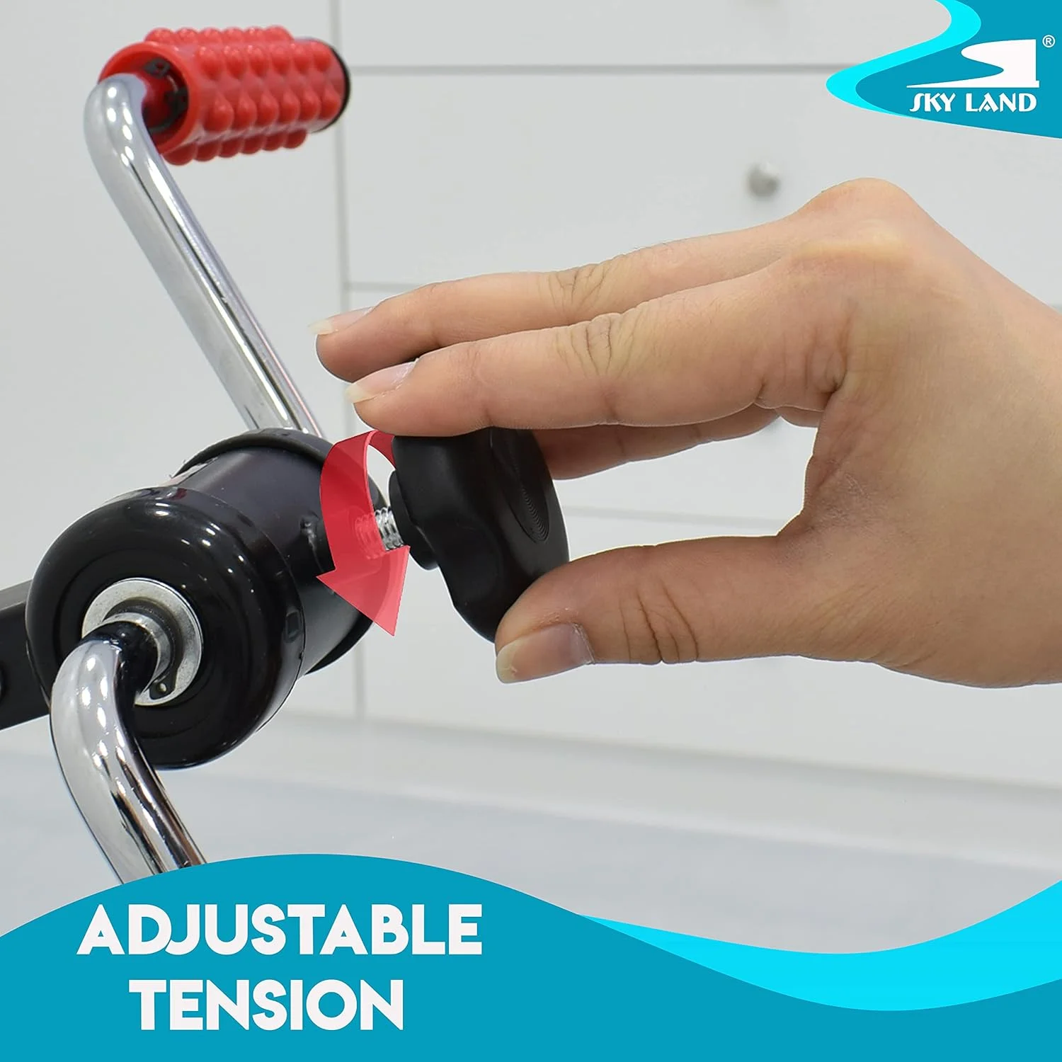 دستگاه پدال ورزشی قابل حمل اسکای لند برای دست و پا، مینی پدال تاشو با مقاومت قابل تنظیم، مانیتور LCD و غلطک ماساژ پا – دستگاه پدال زیر میزی جمع و جور EM-1862، مشکی-قرمز