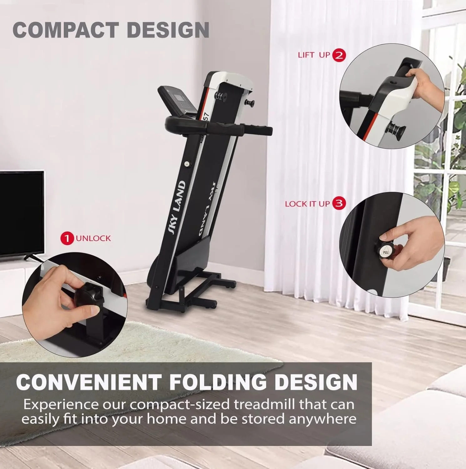 سری تردمیل های موتوردار SKY LAND، دستگاه دویدن تاشو برای استفاده خانگی با بلوتوث و برنامه FitShow - تجهیزات تناسب اندام جمع و جور برای تمرینات قلبی و کاهش وزن