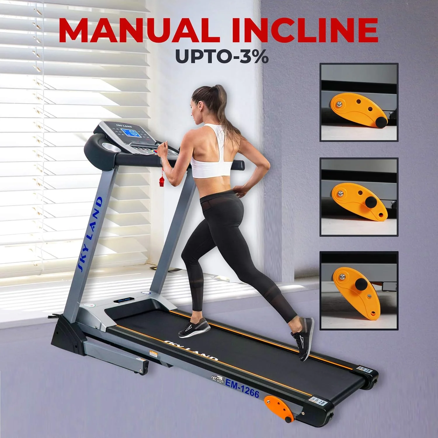 تردمیل تاشو موتوری SKY LAND، موتور 2 اسب بخار DC (4 اسب بخار پیک)، ظرفیت 100 کیلوگرم، 0.8–14 کیلومتر در ساعت، شیب دستی 3 سطح، صفحه نمایش LCD 5 اینچی، بلندگوی Hi-Fi، دستگاه دویدن جمع و جور برای استفاده خانگی EM-1266