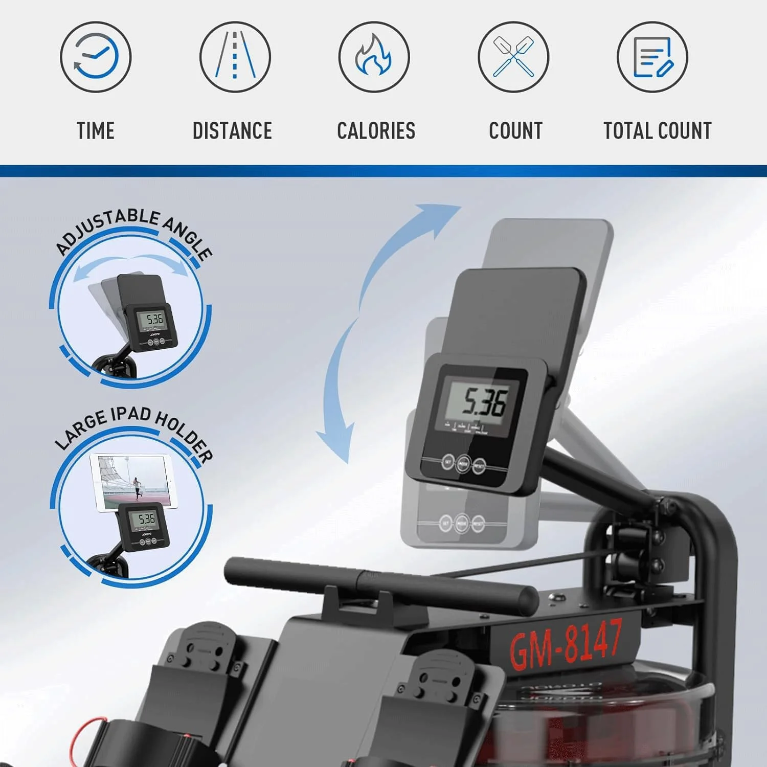 دستگاه روئینگ آبی تاشو SKY LAND برای استفاده خانگی، ظرفیت وزن 136 کیلوگرم با عملکرد بلوتوث و نگهدارنده آیپد