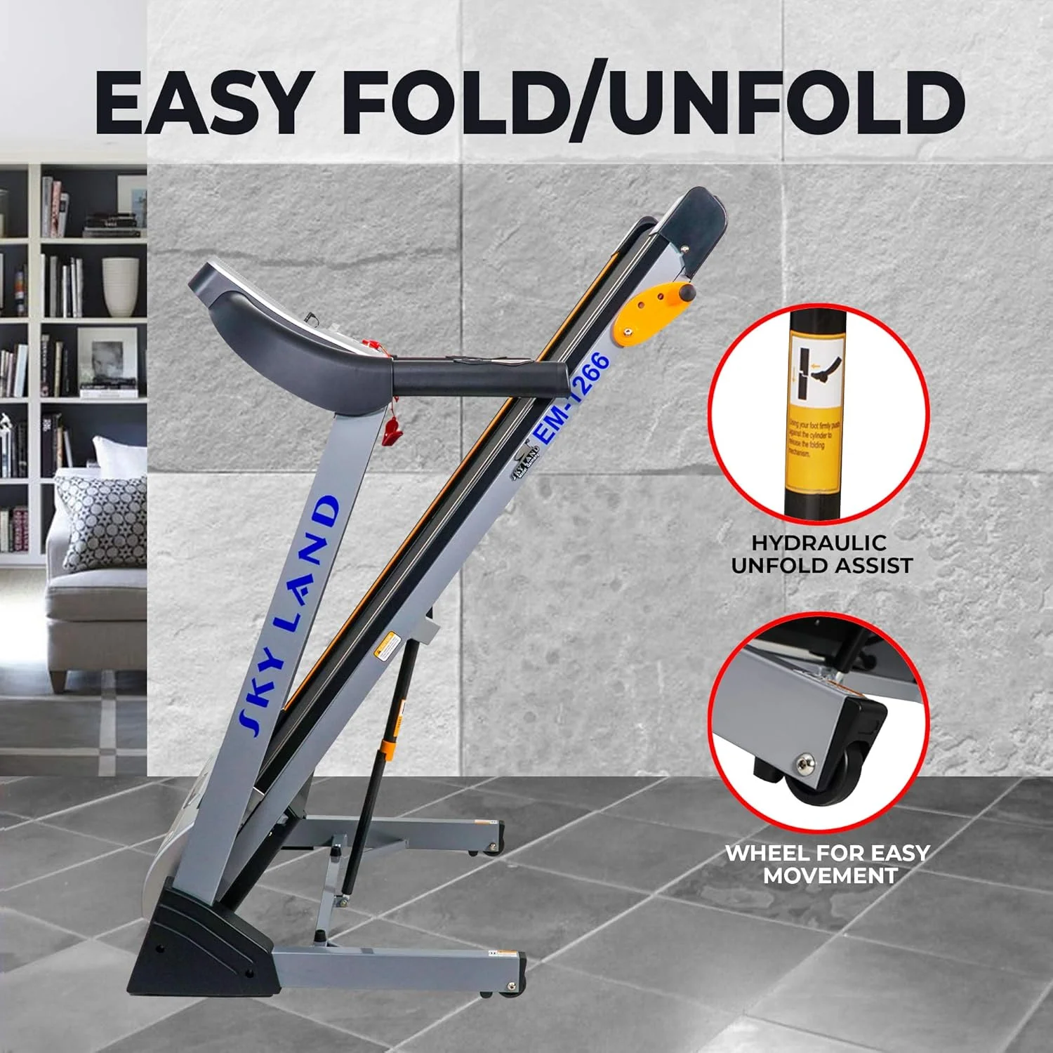 تردمیل تاشو موتوری SKY LAND، موتور 2 اسب بخار DC (4 اسب بخار پیک)، ظرفیت 100 کیلوگرم، 0.8–14 کیلومتر در ساعت، شیب دستی 3 سطح، صفحه نمایش LCD 5 اینچی، بلندگوی Hi-Fi، دستگاه دویدن جمع و جور برای استفاده خانگی EM-1266